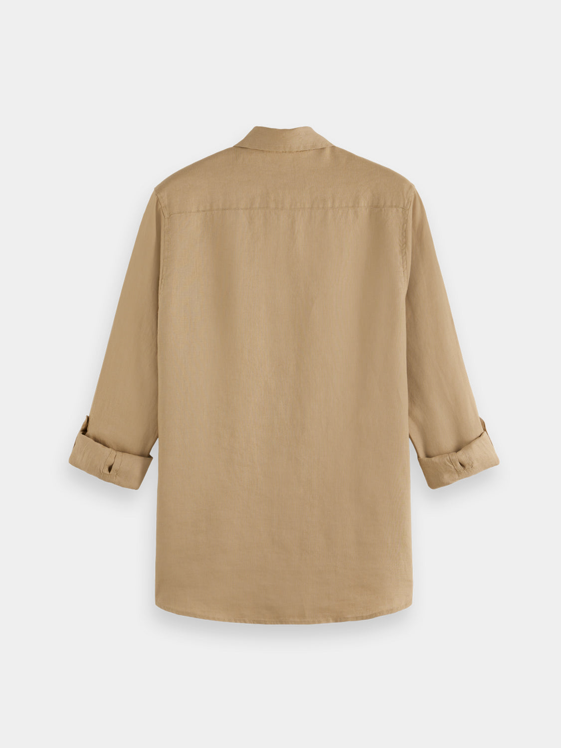 Long sleeve linen shirt by Scotch & Soda, shown in a natural fabric texture and relaxed fit, in a front view.