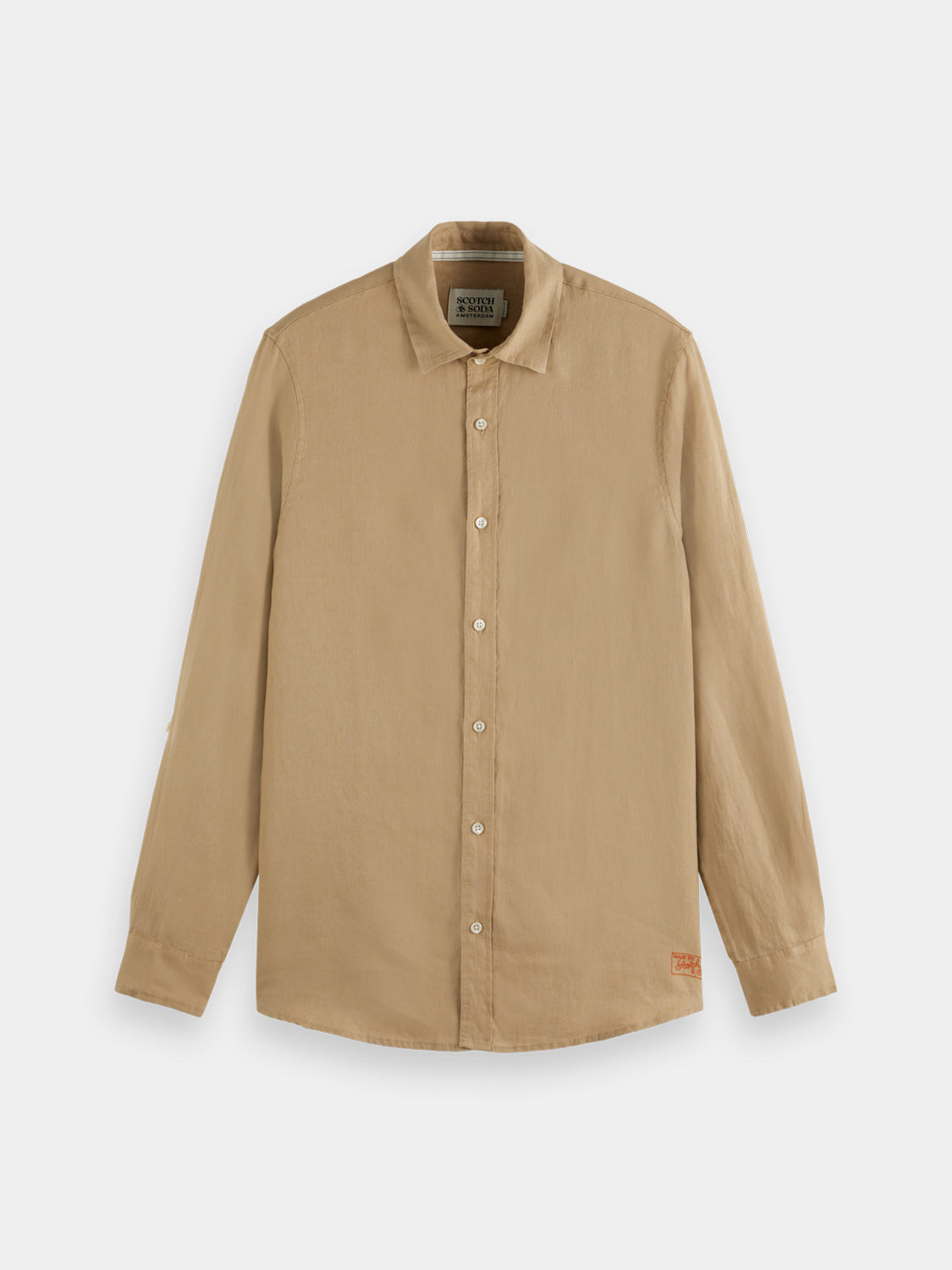 Long sleeve linen shirt by Scotch & Soda, featuring a relaxed fit and natural fabric texture, shown on a hanger.