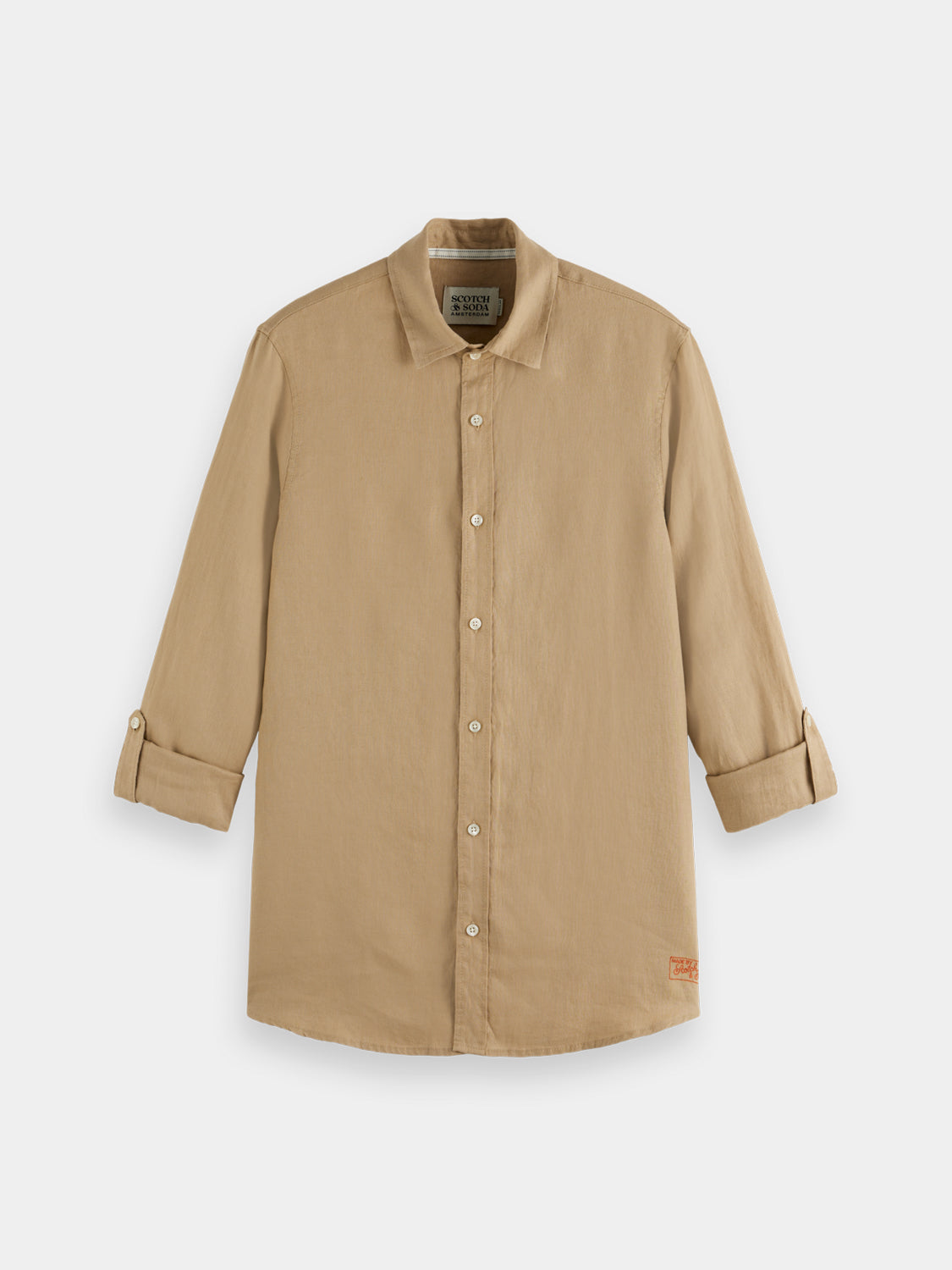 Light beige Scotch & Soda long-sleeve linen shirt with a collar and button closure, displayed on a hanger.