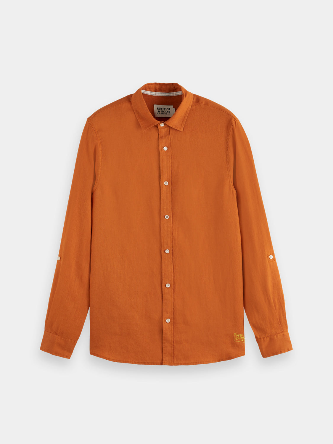 Long sleeve linen shirt by Scotch & Soda, showing a lightweight, breathable fabric in a relaxed fit with a button-up front.