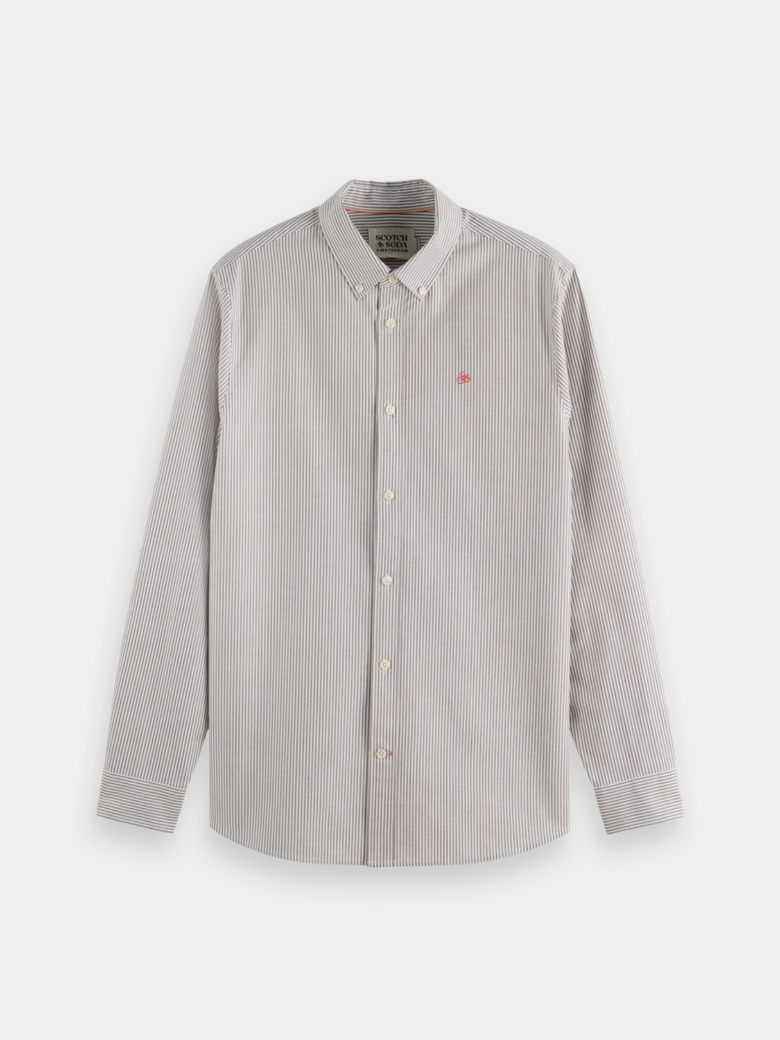 Long sleeve Scotch & Soda striped Oxford shirt with blue and white vertical stripes, casual button-up style.