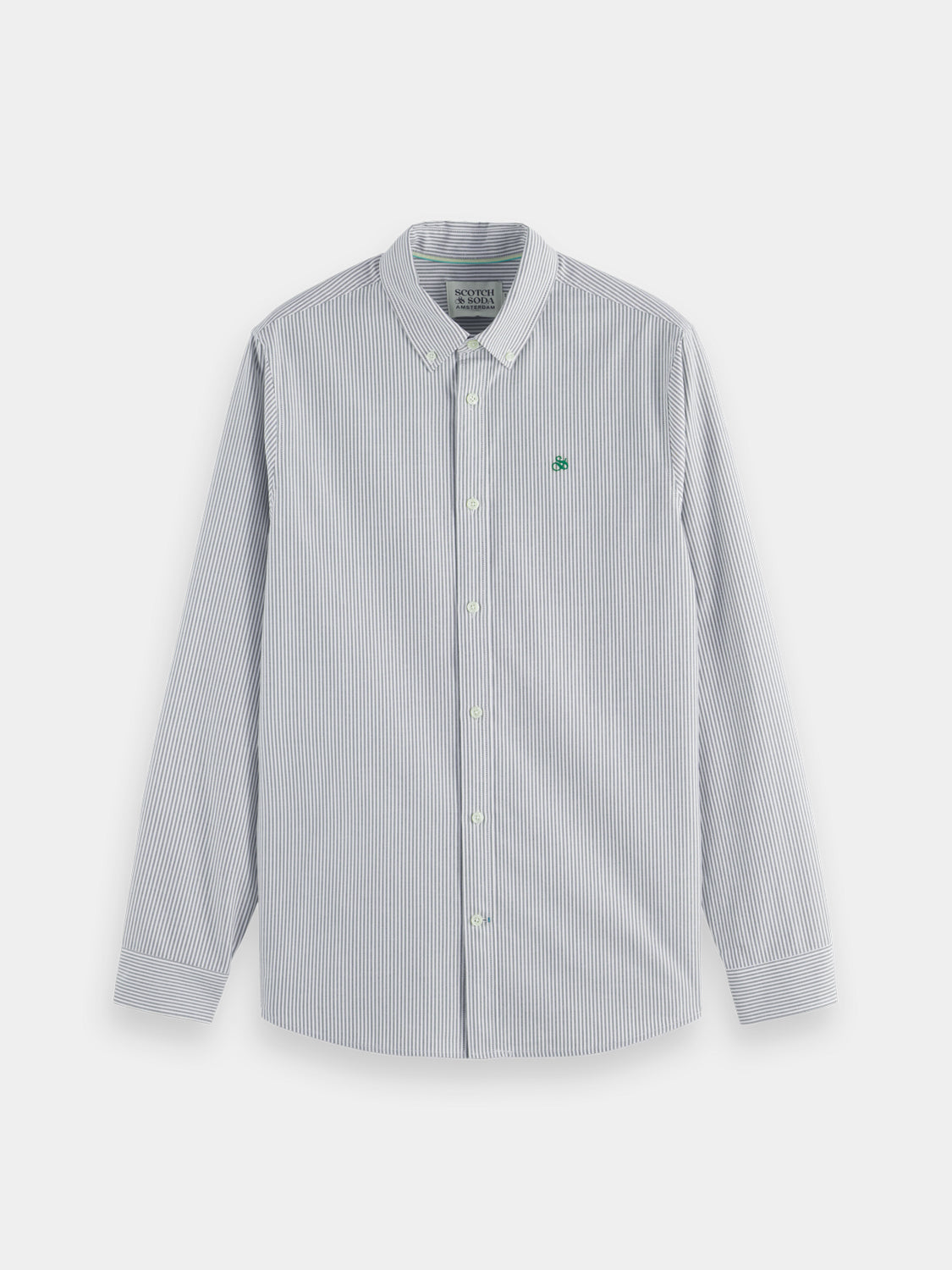 Long-sleeve striped Oxford shirt by Scotch & Soda, featuring classic blue and white horizontal stripes and a button-down collar.
