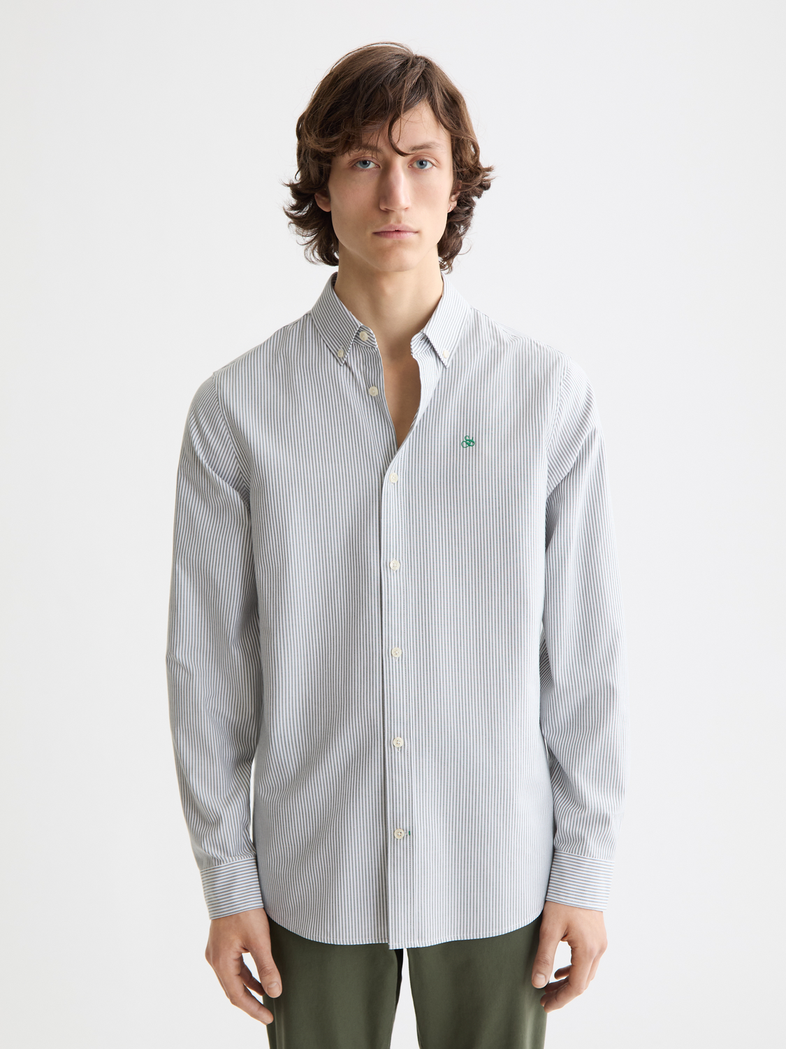Long sleeve Scotch & Soda striped Oxford shirt with blue and white pattern, button-up front, and classic collar.