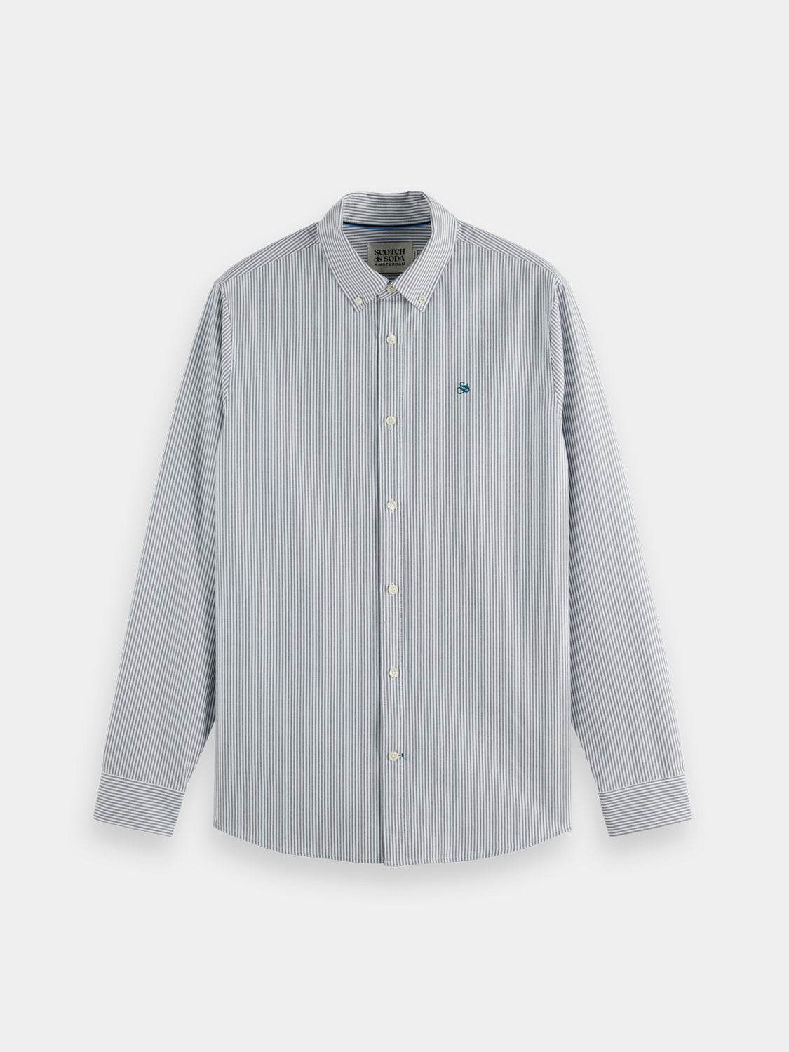 Long sleeve striped Oxford shirt by Scotch & Soda, featuring blue and white vertical stripes and a classic collar.