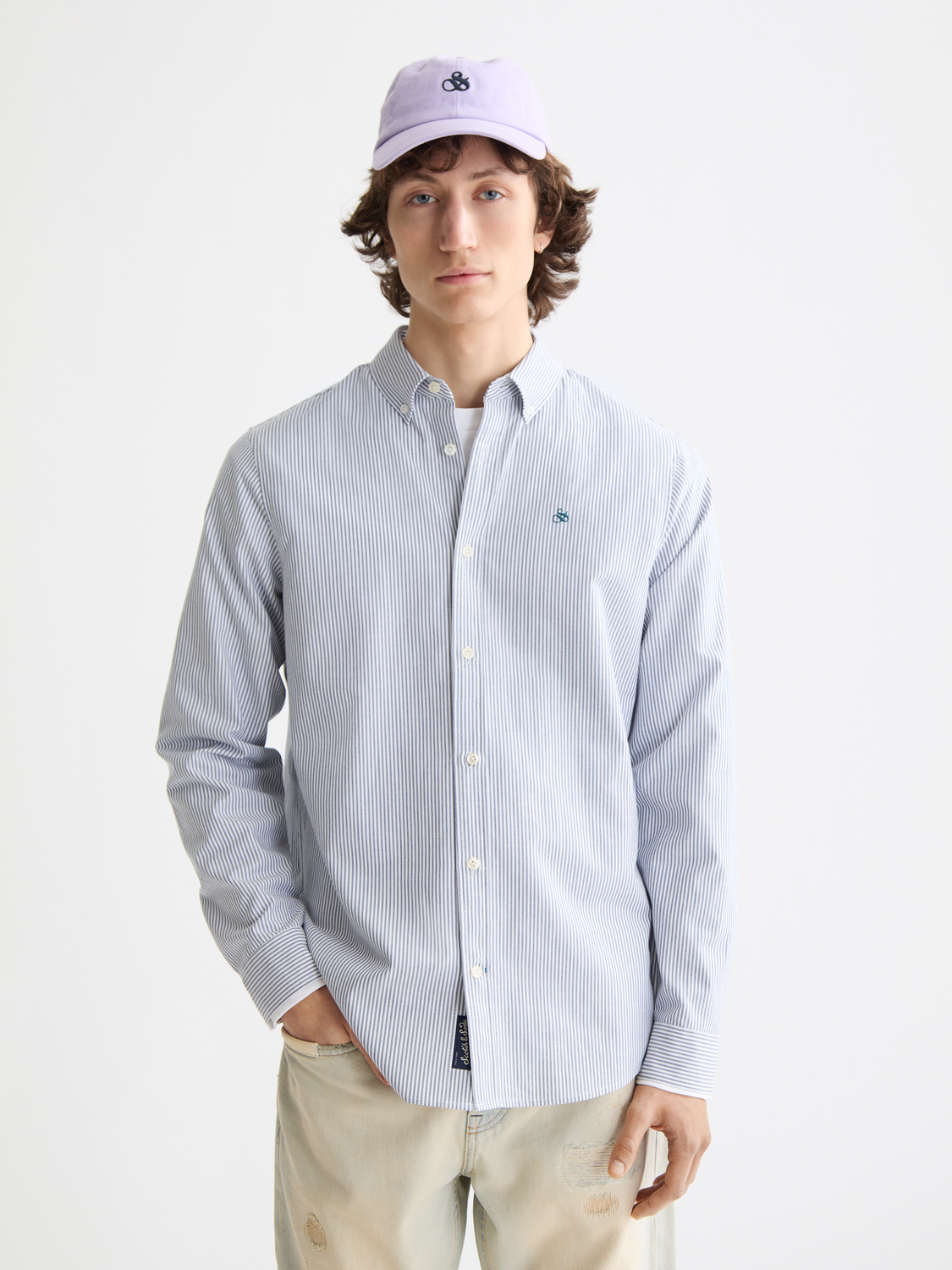 Long-sleeve striped Oxford shirt by Scotch & Soda, featuring classic button-down design and tailored fit.