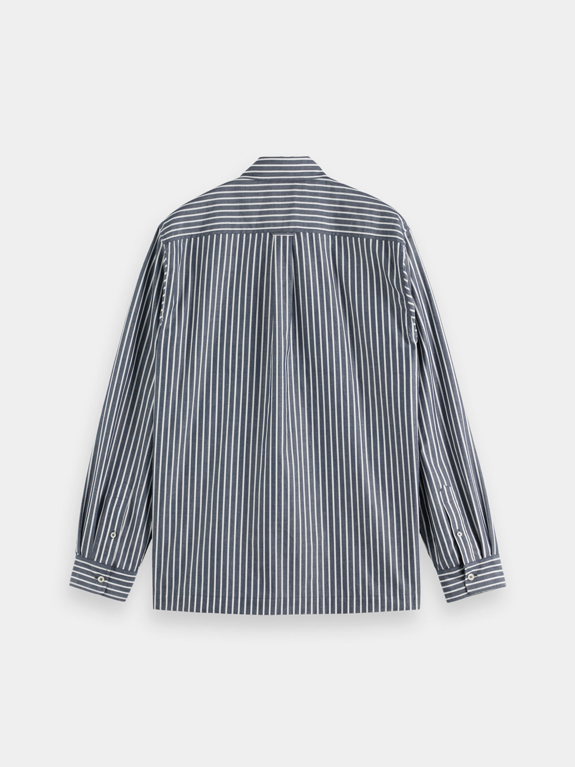 Long sleeve striped poplin shirt by Scotch & Soda, featuring classic pattern and button-down collar on a white background.