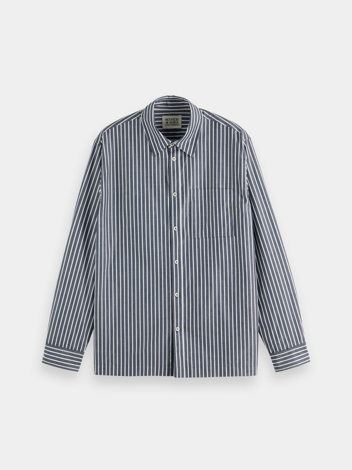 Long-sleeve striped poplin shirt by Scotch & Soda, showing blue and white vertical stripes and a classic collar.