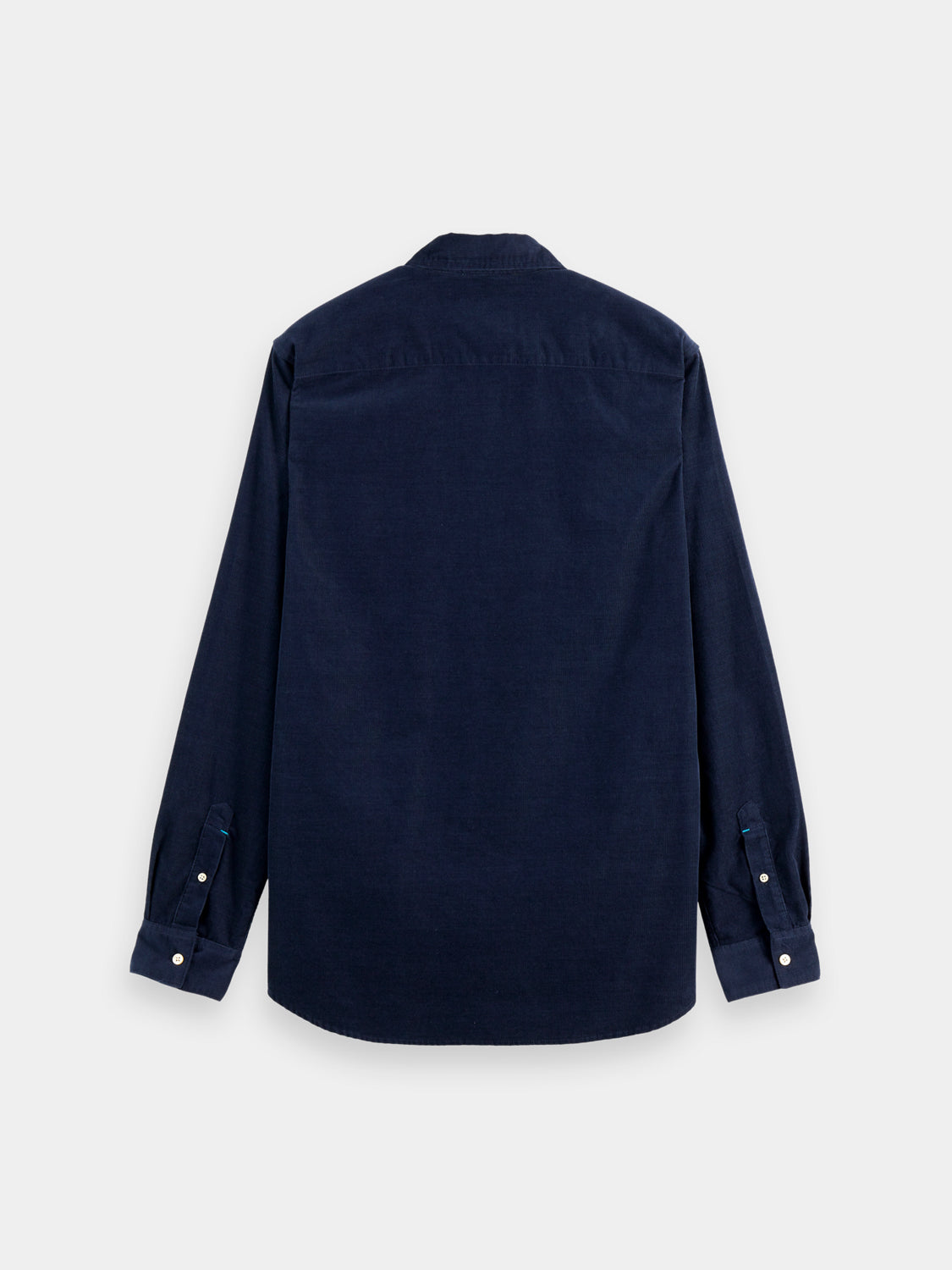 Long-sleeve Scotch & Soda corduroy shirt in dark blue, shown folded with collar and button details, casual men's fashion<br>