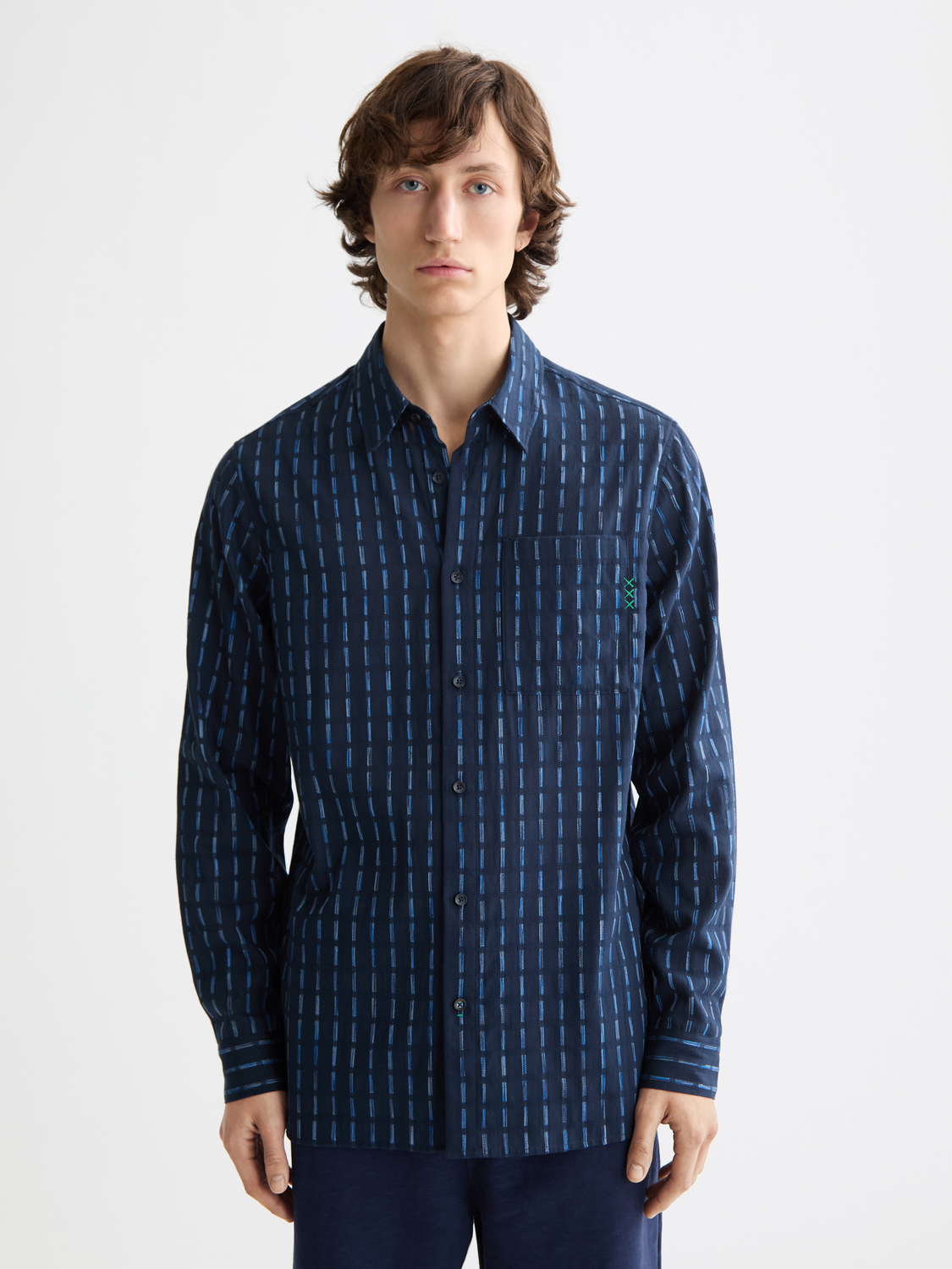 Long-sleeve striped cotton-voile shirt by Scotch & Soda with a button-up front and classic collar, shown on a model.