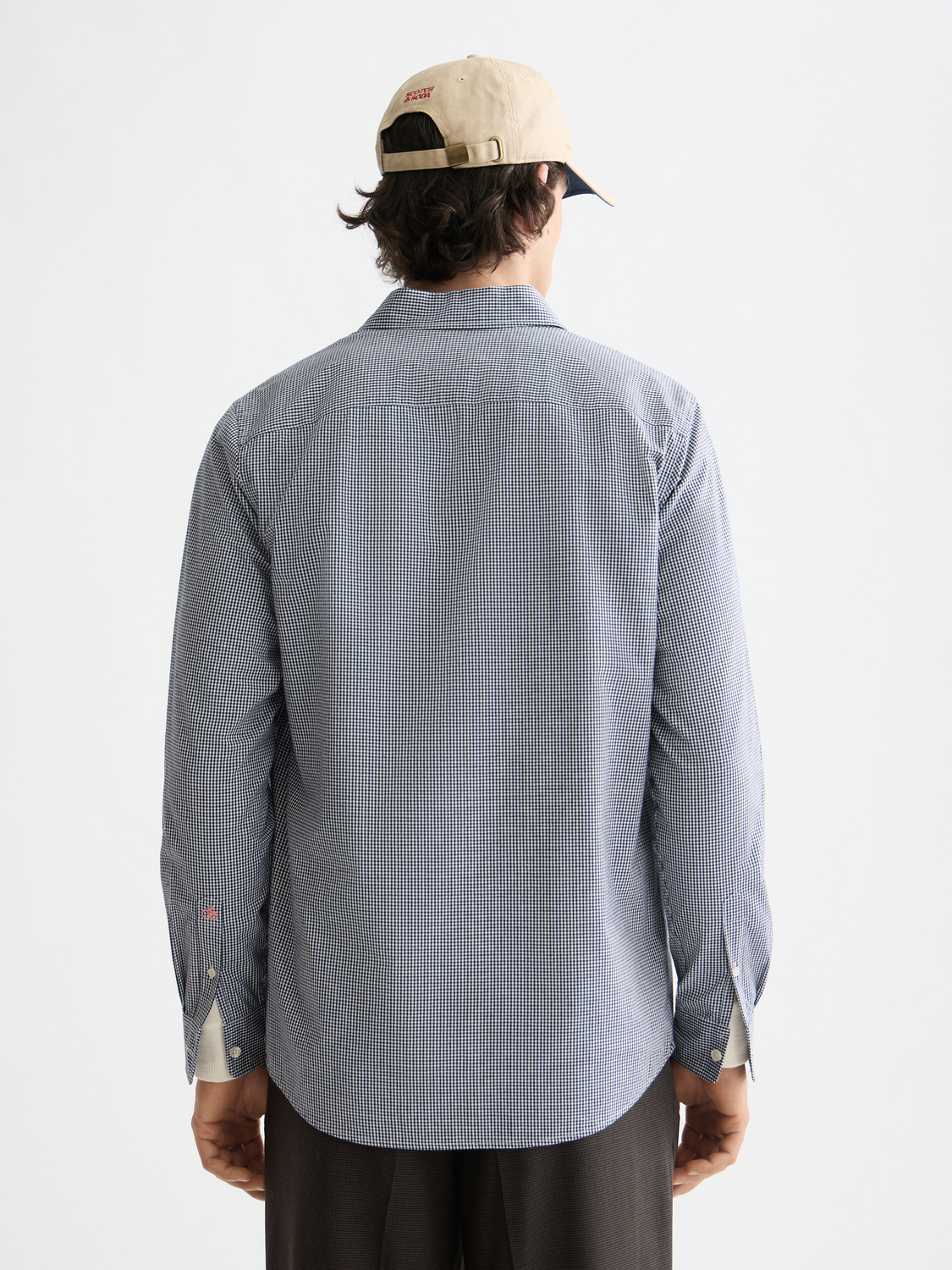 Long-sleeve Scotch & Soda check poplin shirt with button-down collar, shown from the back in a stylish casual fit.