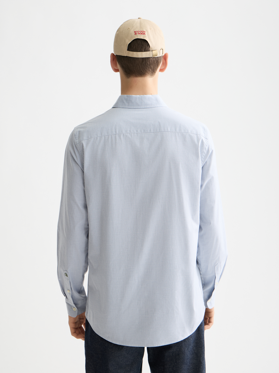 Long sleeve check poplin shirt by Scotch & Soda, back view showing classic plaid pattern and tailored fit.