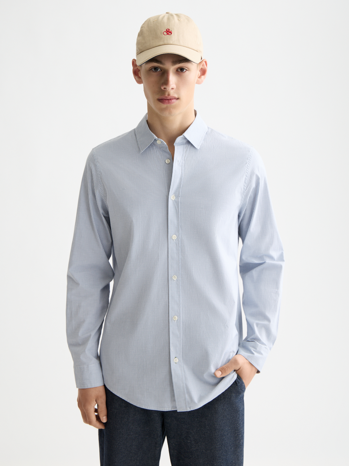 Long sleeve check poplin shirt by Scotch & Soda, showing a close-up of the pattern and fabric texture.