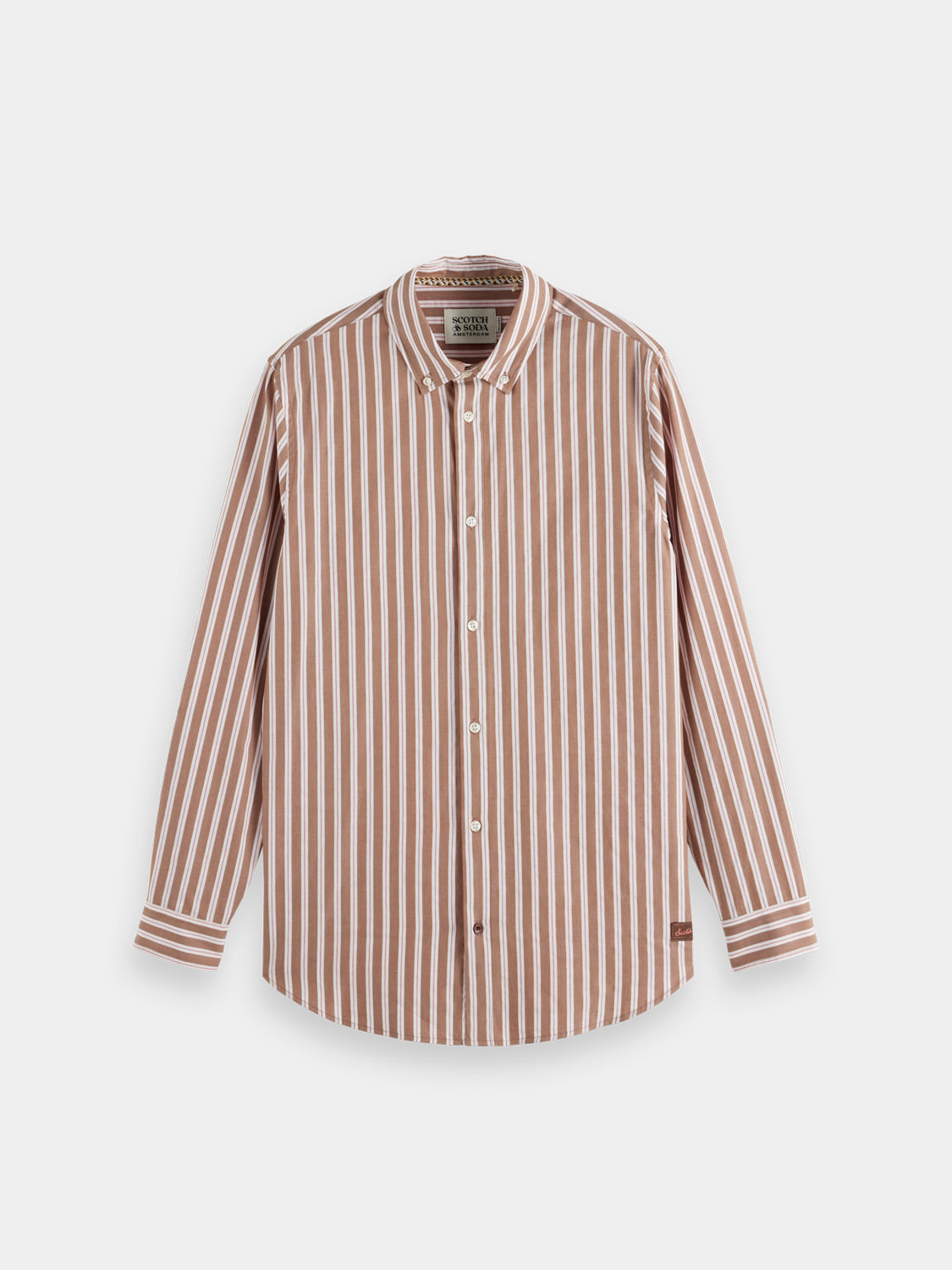 Long sleeve yarn-dyed striped shirt by Scotch & Soda, featuring colorful vertical stripes and a classic collar.