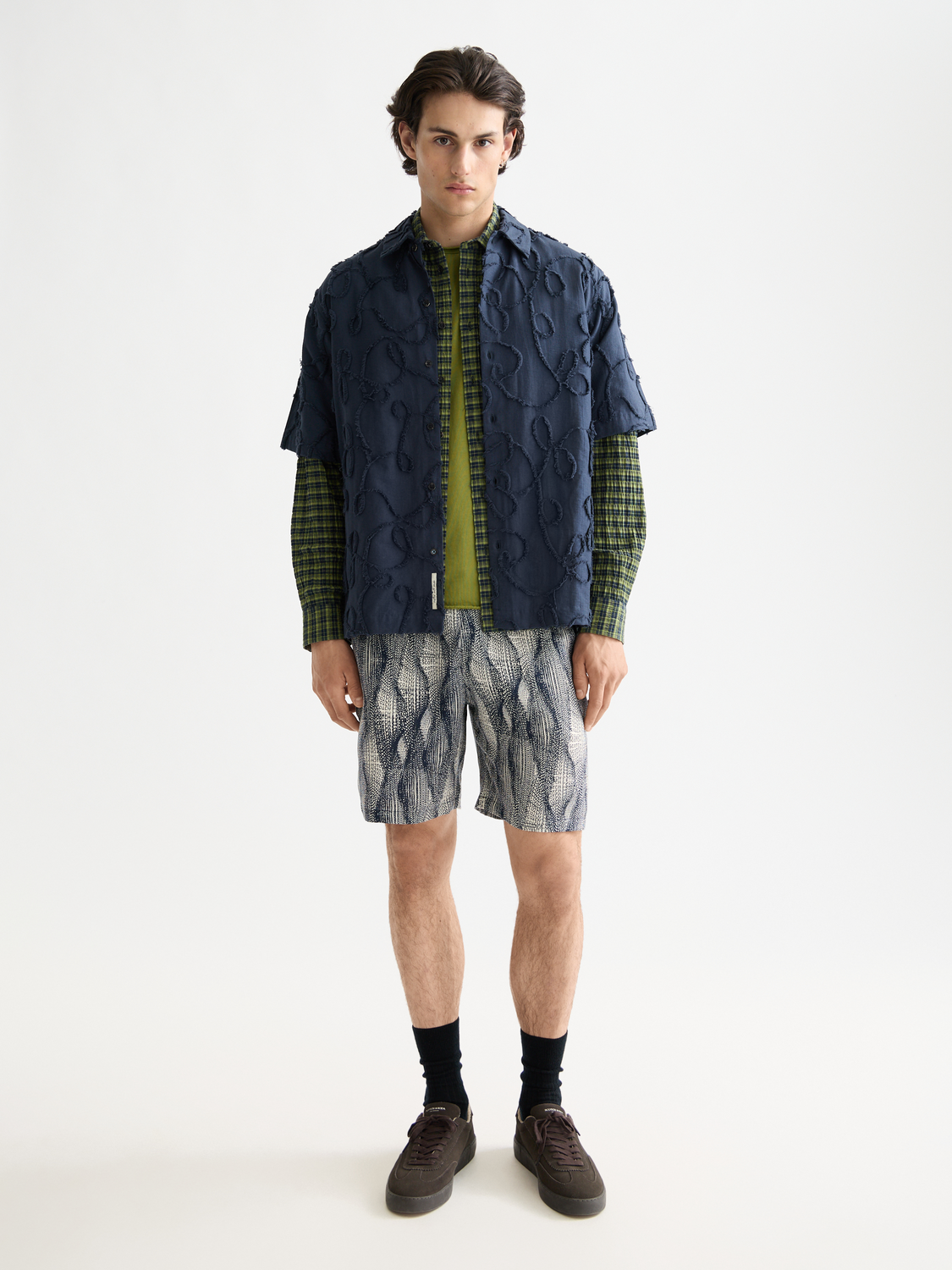 Scotch & Soda jacquard short-sleeved shirt with intricate pattern, casual style, and button-front design.