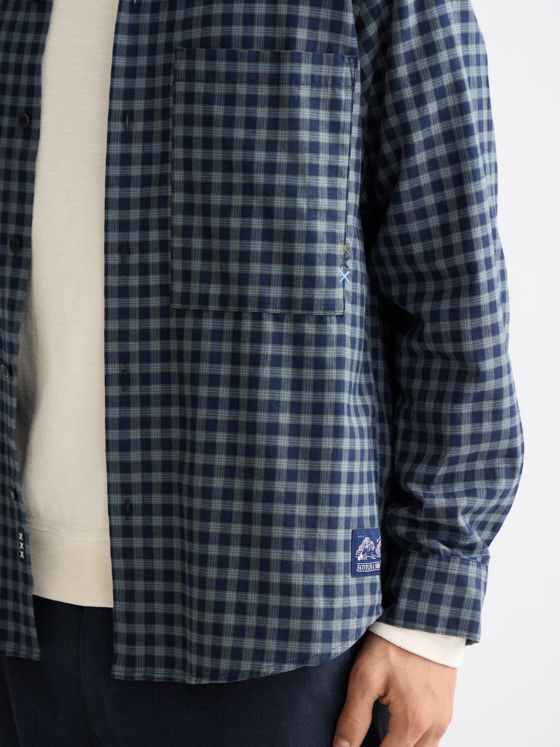 Lightweight Scotch & Soda flannel long-sleeve shirt in plaid fabric, casual men's L/S shirt perfect for layering.