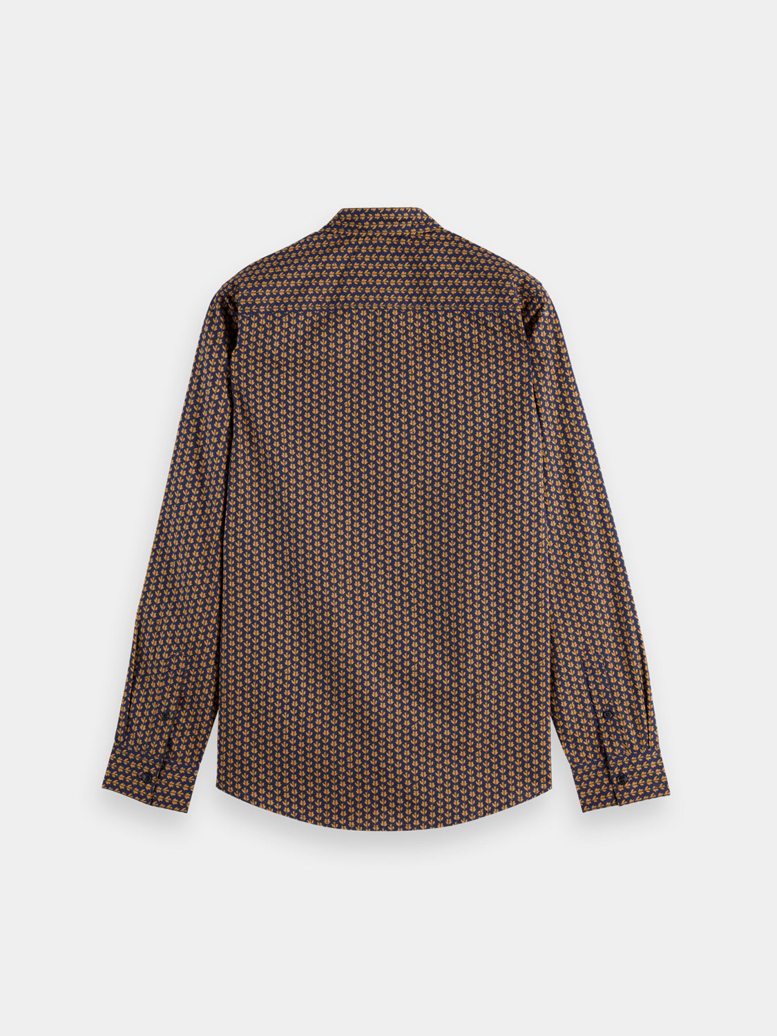 Long sleeve printed shirt by Scotch & Soda featuring a stylish design, shown on a flat lay with buttons and fabric details.