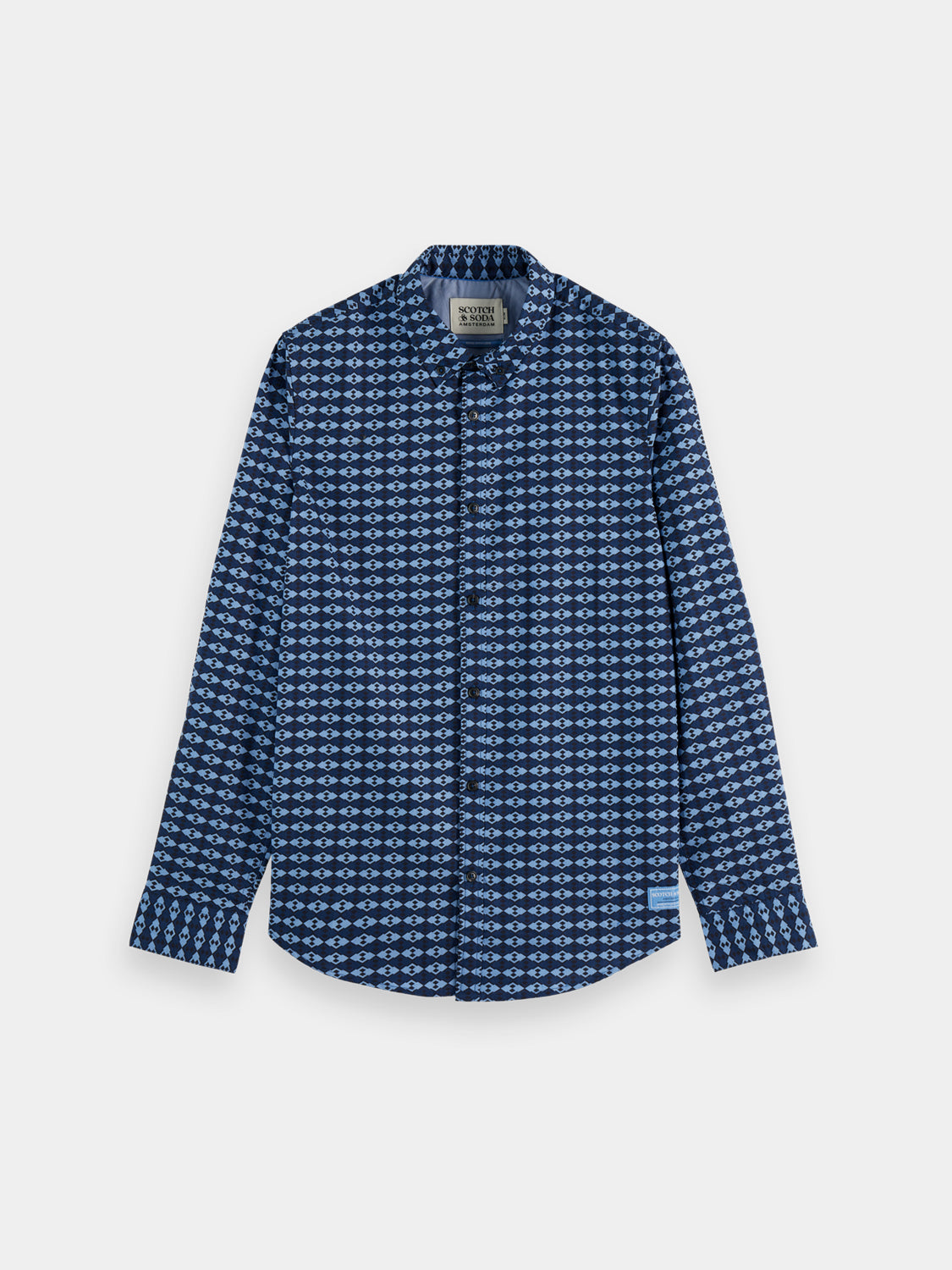 Long sleeve printed shirt by Scotch & Soda featuring colorful patterns and casual fit, shown on a hanger.