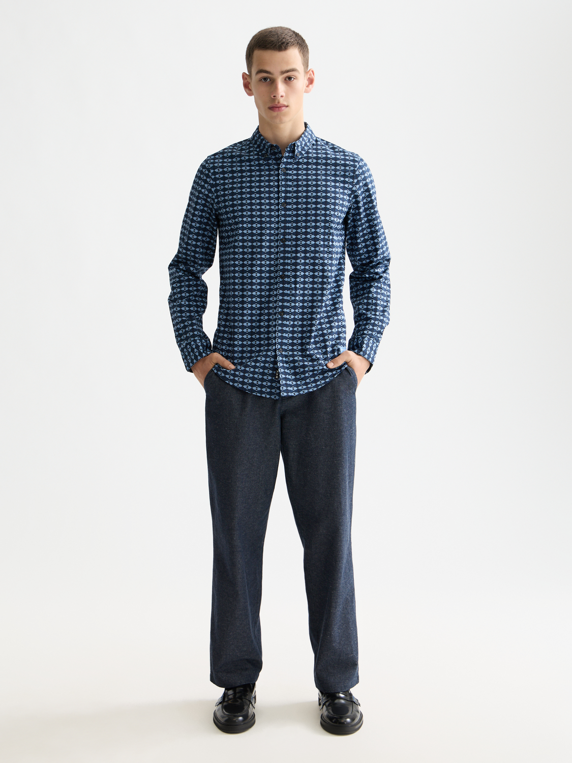 Long sleeve printed shirt by Scotch & Soda featuring a stylish pattern and classic fit, shown in front view.