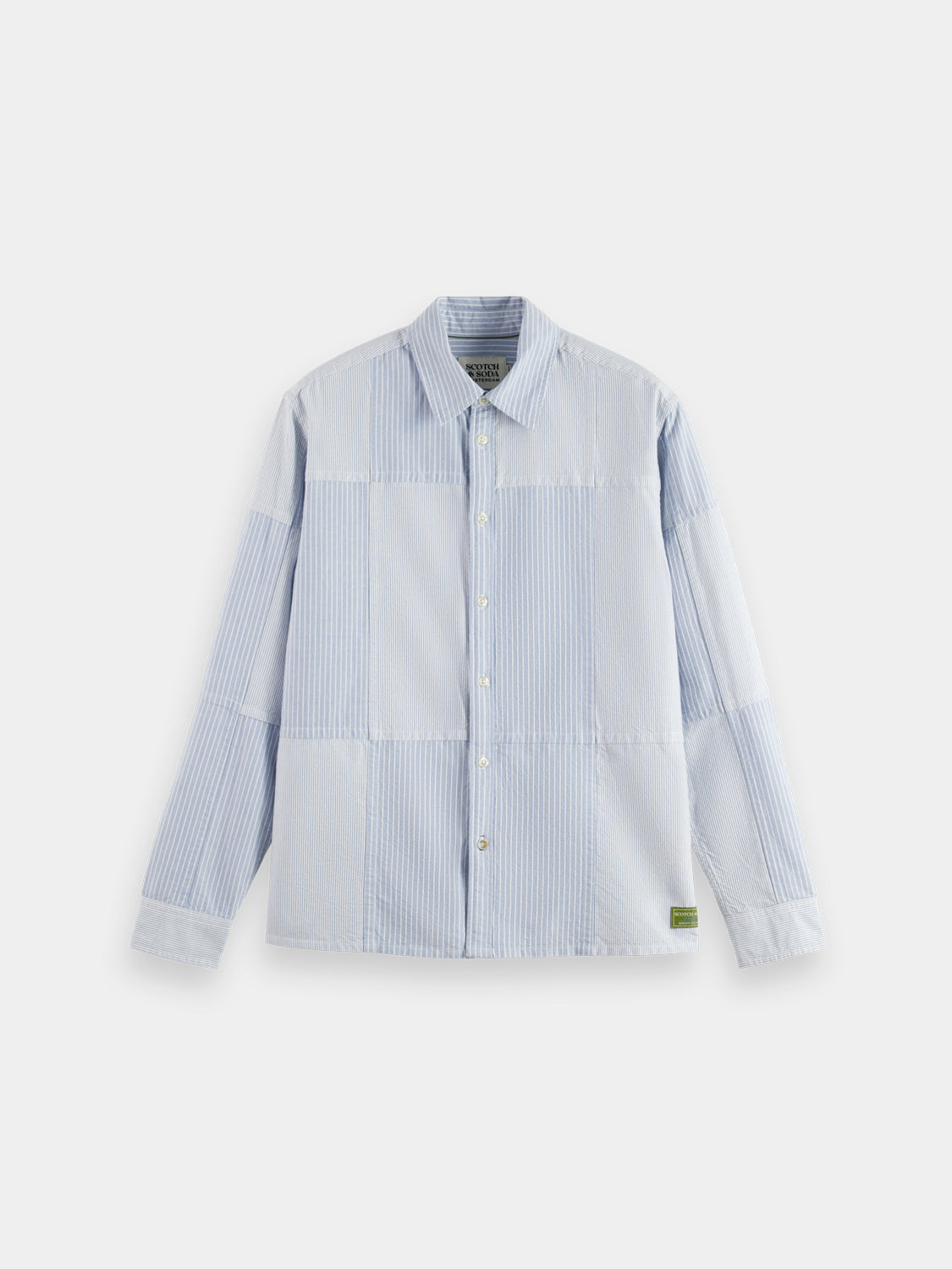 Long sleeve patchwork Oxford shirt by Scotch & Soda, featuring a multicolored, stylish design with collar and button-front.