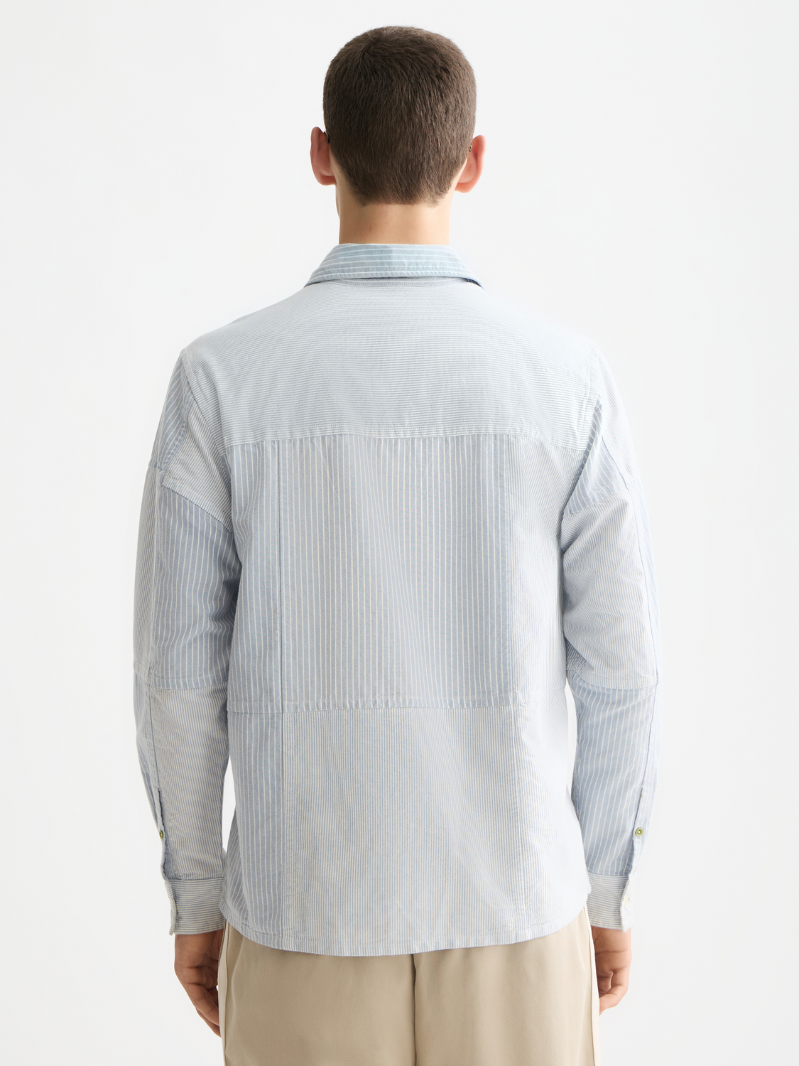 Scotch & Soda patchwork Oxford long-sleeve shirt with mixed fabric patterns, button-down collar, and chest pocket.