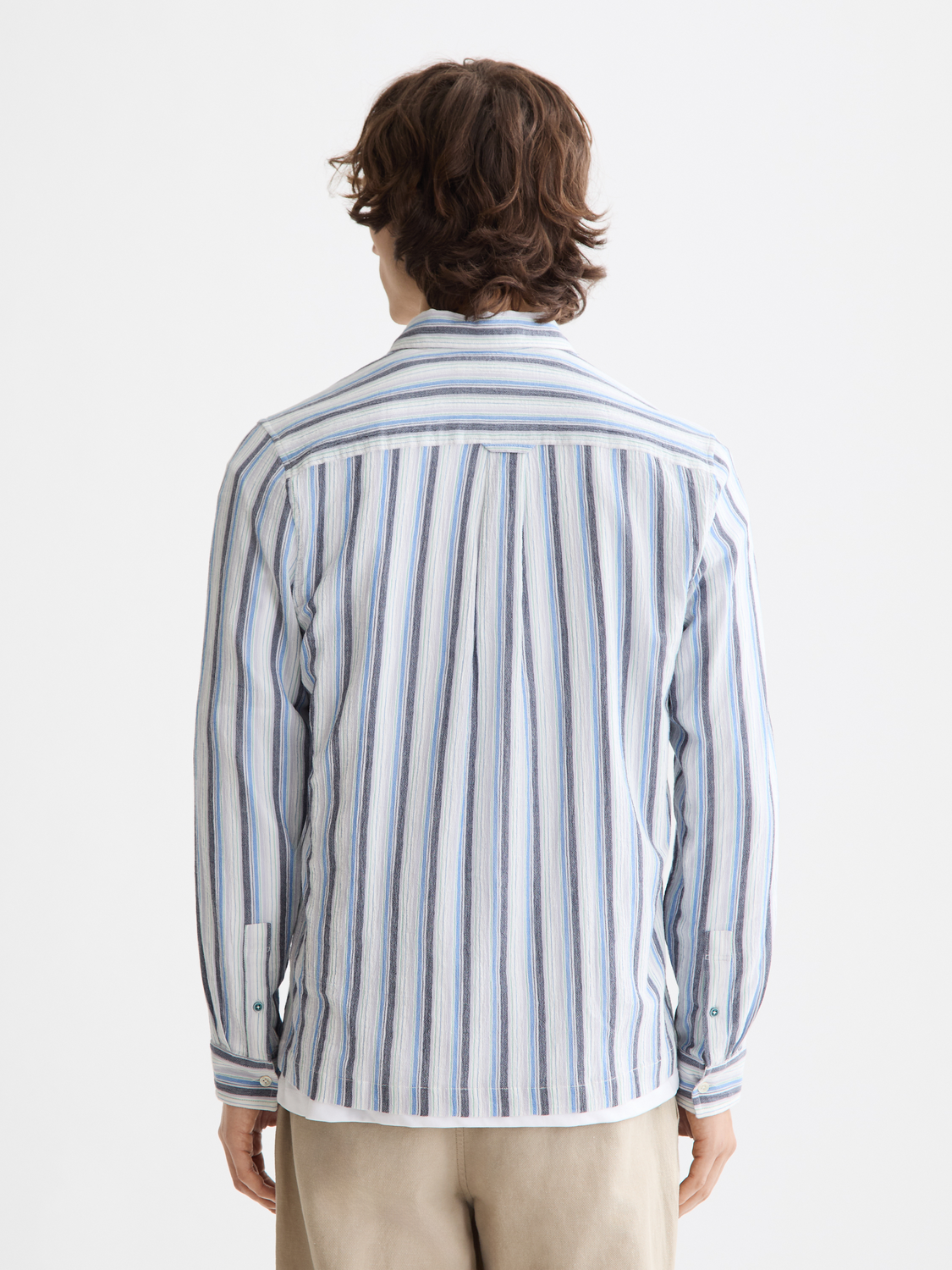 Long sleeve striped shirt by Scotch & Soda with textured fabric, shown from the back view.