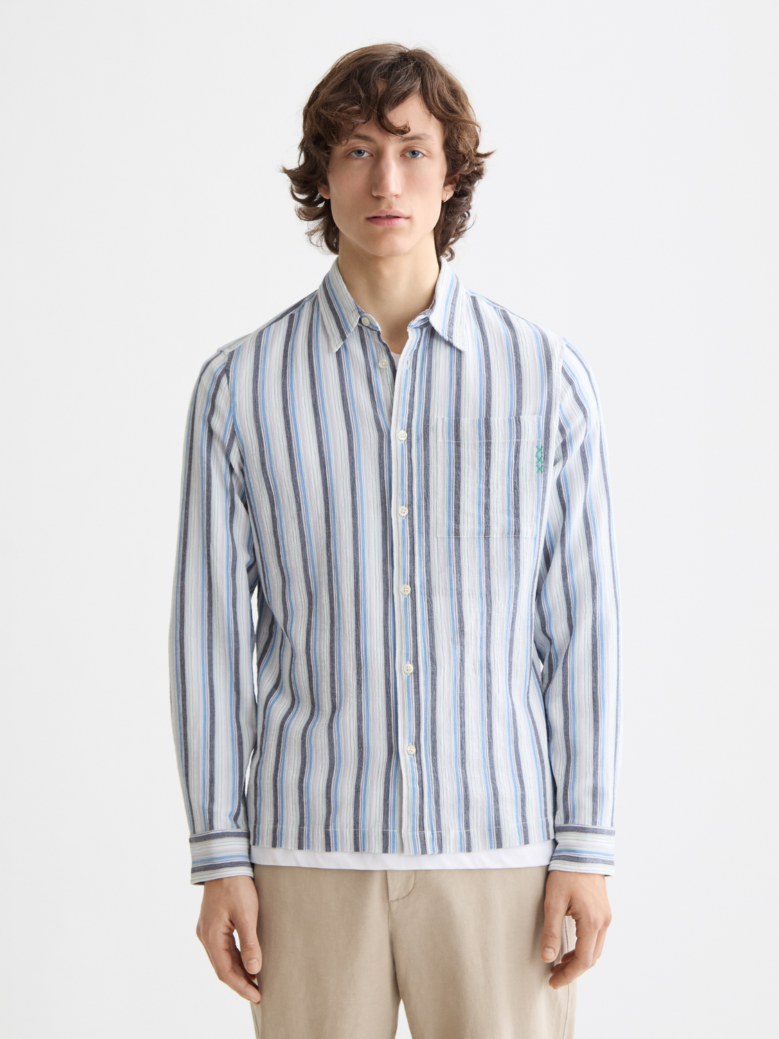 Long-sleeve textured striped shirt by Scotch & Soda with a casual fit, featuring bold horizontal stripes and a classic collar.