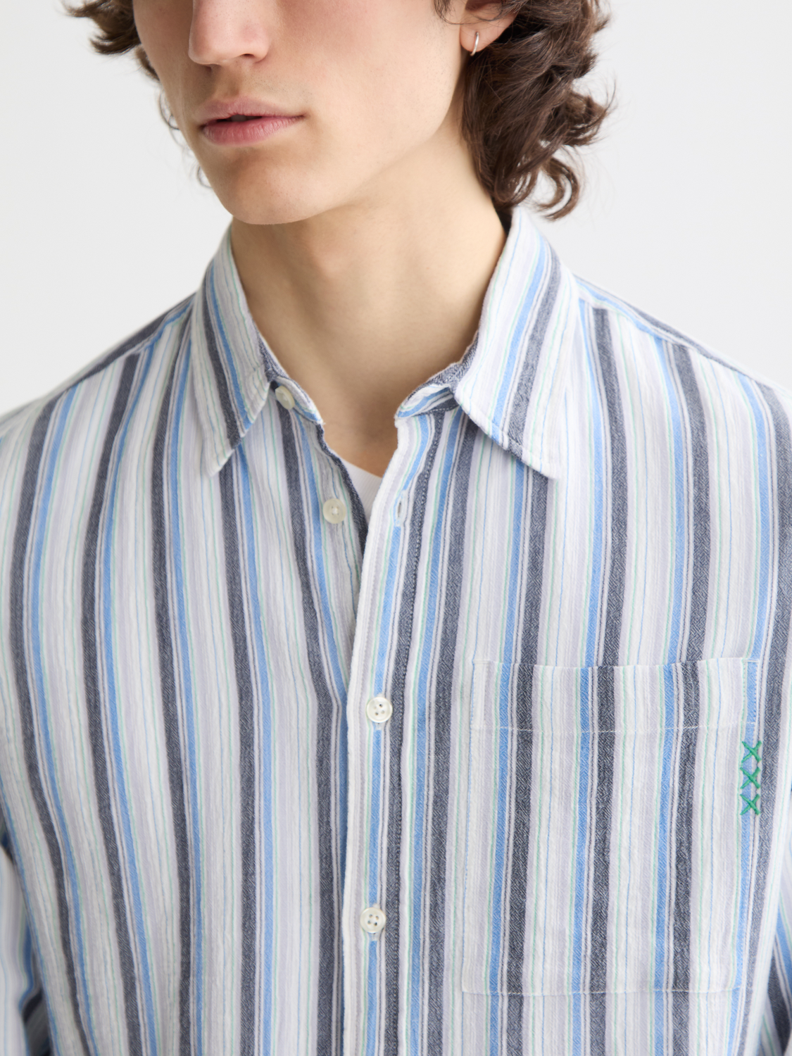 Long sleeve Scotch & Soda textured striped shirt with a classic fit, featuring bold vertical stripes and a button-down collar.