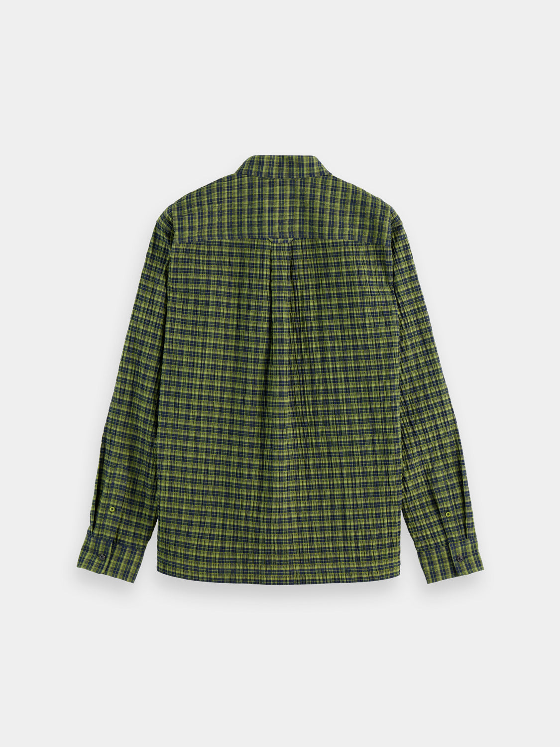 Long sleeve Scotch & Soda crinkle checked shirt with button-up front and collar, shown in black and white check pattern.