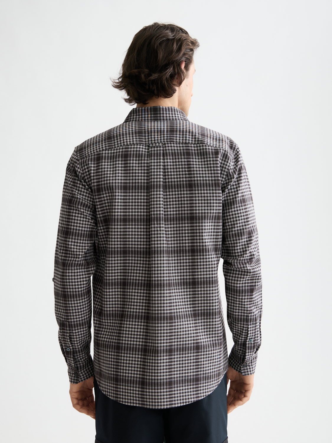 Long sleeve shadow check double face shirt by Scotch & Soda, shown from the back with a classic pattern and double-faced fabric.
