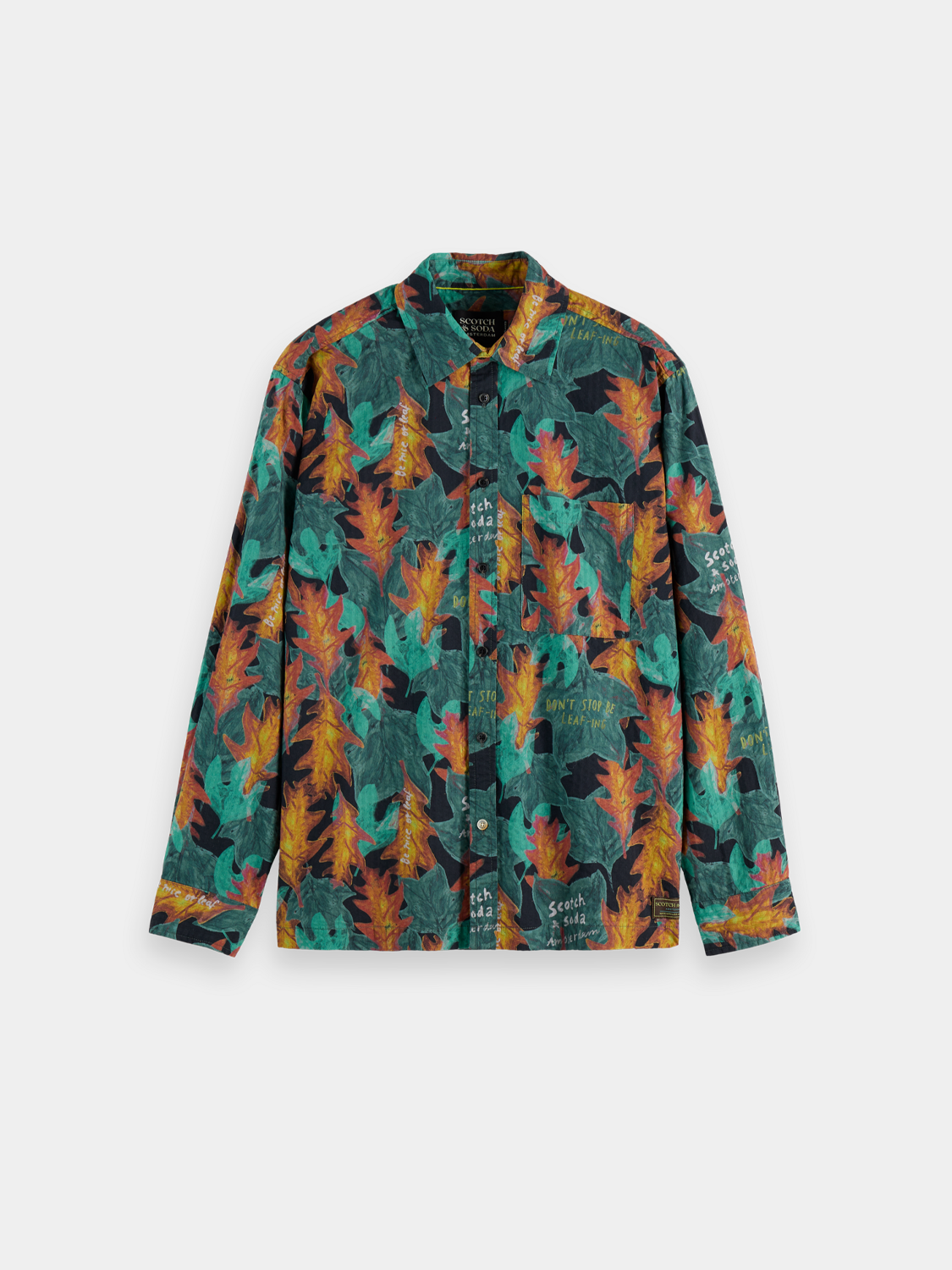 Long-sleeve printed shirt by Scotch & Soda featuring vibrant pattern and casual fit, shown on a model.