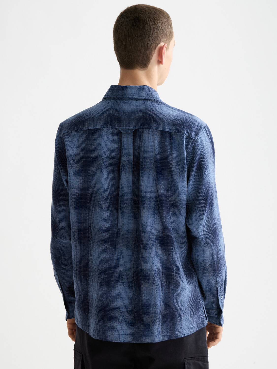 Scotch & Soda men's long sleeve shadow check shirt with dark and light plaid pattern, button-up front, and collar.