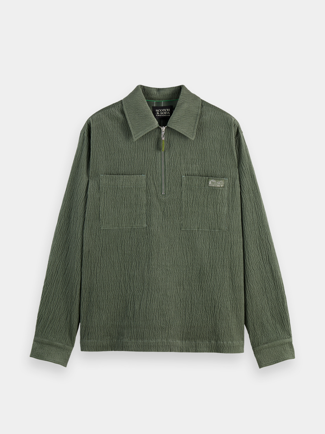 Scotch & Soda men's long sleeve quarter zip corduroy shirt in earthy brown with a collar and button details.
