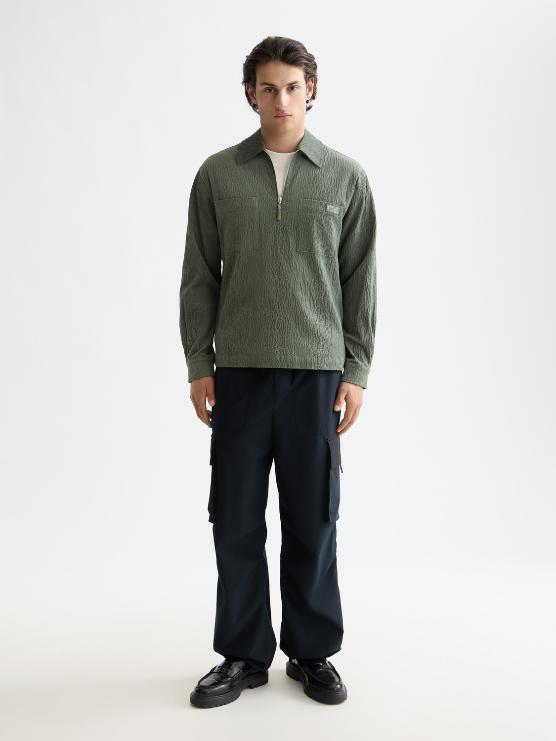 Long sleeve Scotch & Soda quarter zip corduroy shirt, navy color, featuring a collar and button details.