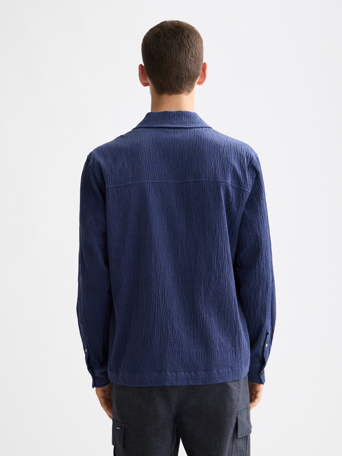 Scotch & Soda long-sleeve quarter zip corduroy shirt in dark brown, front view showing collar and zip closure.