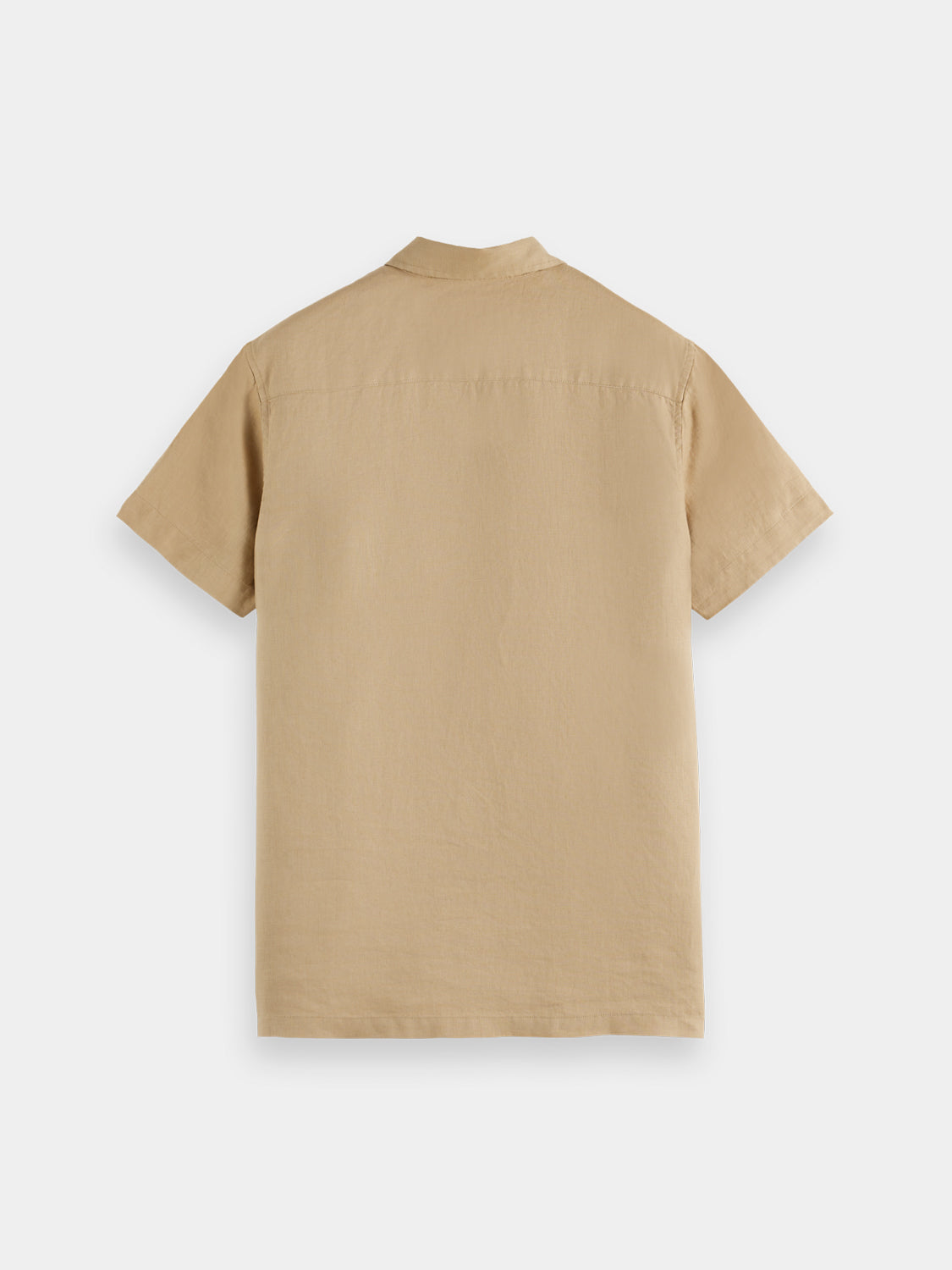 Blue short-sleeved linen shirt by Scotch & Soda, displayed on a hanger, showcasing its relaxed fit and lightweight fabric.