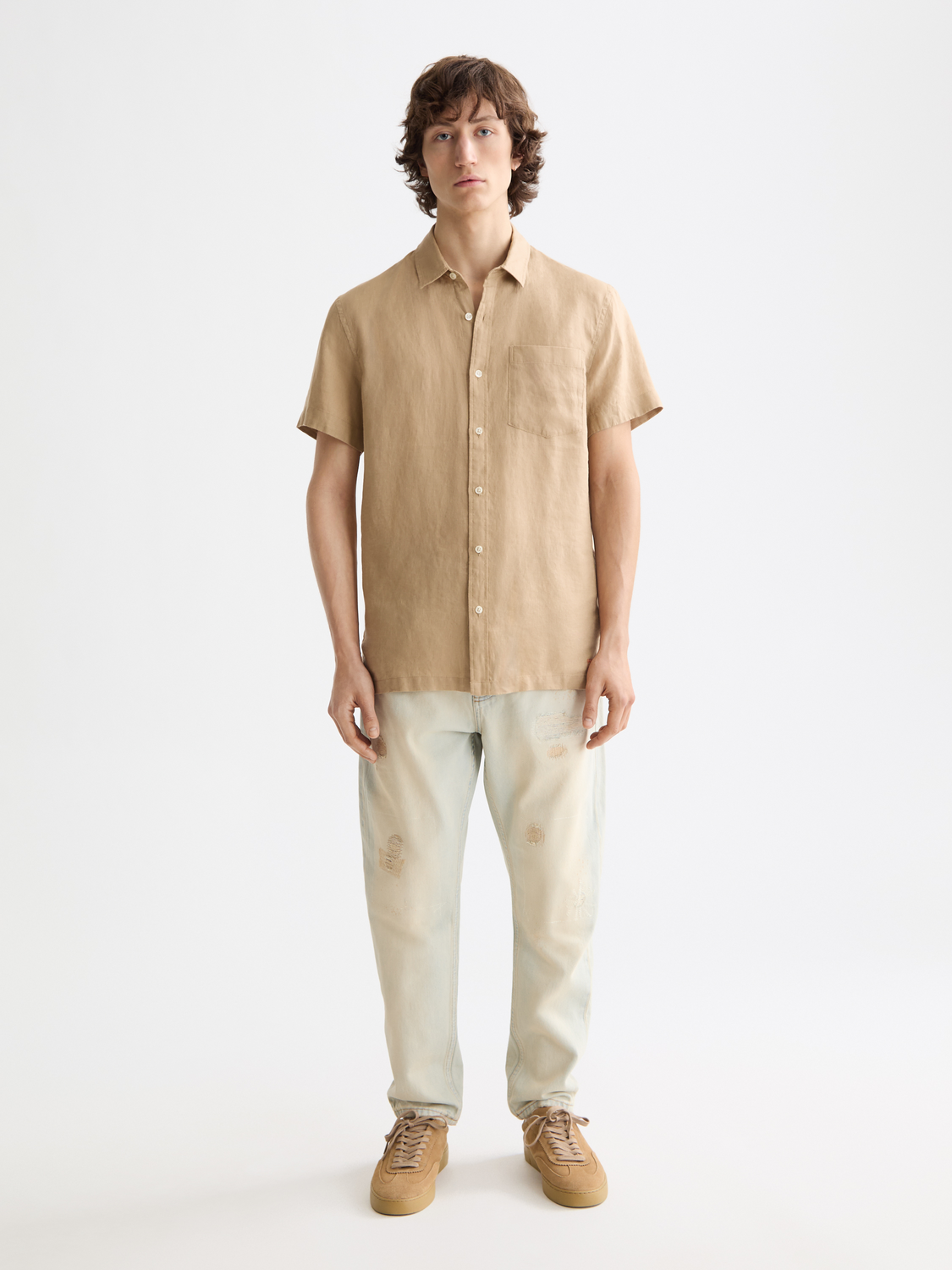 Short-sleeved linen shirt by Scotch & Soda, featuring a lightweight, breathable fabric and classic design, front view.