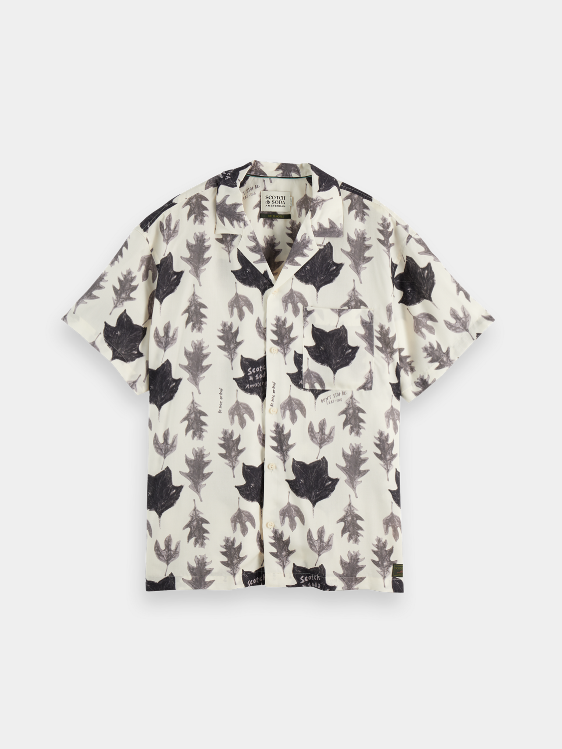 Printed Scotch & Soda short-sleeved shirt with vibrant pattern, casual summer style, shown on a hanger.