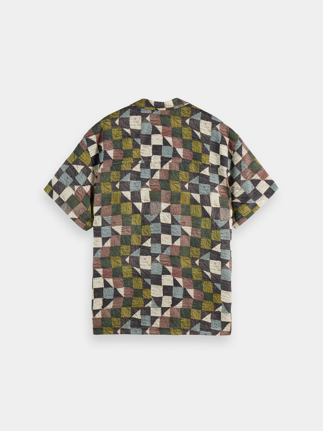 Printed Scotch & Soda short-sleeved shirt with a vibrant pattern, displayed on a hanger against a neutral background.