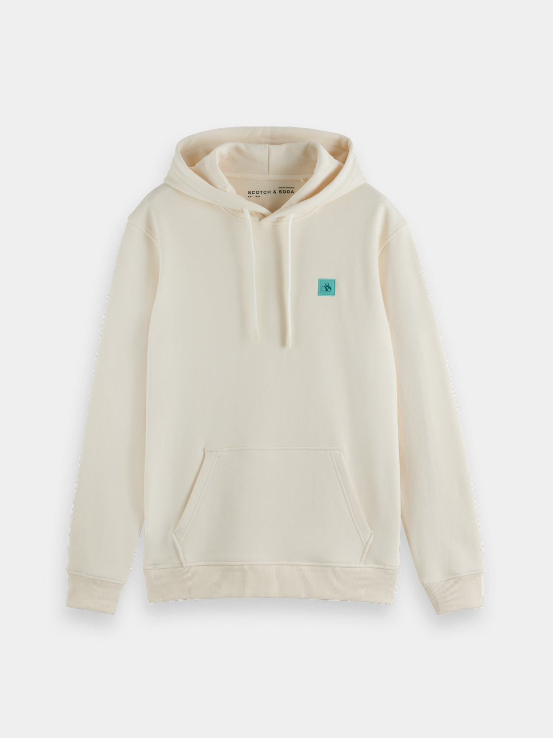 SCOTCH & SODA logo badge hoodie, navy sweatshirts with front logo patch, casual long-sleeve hoodie for men.