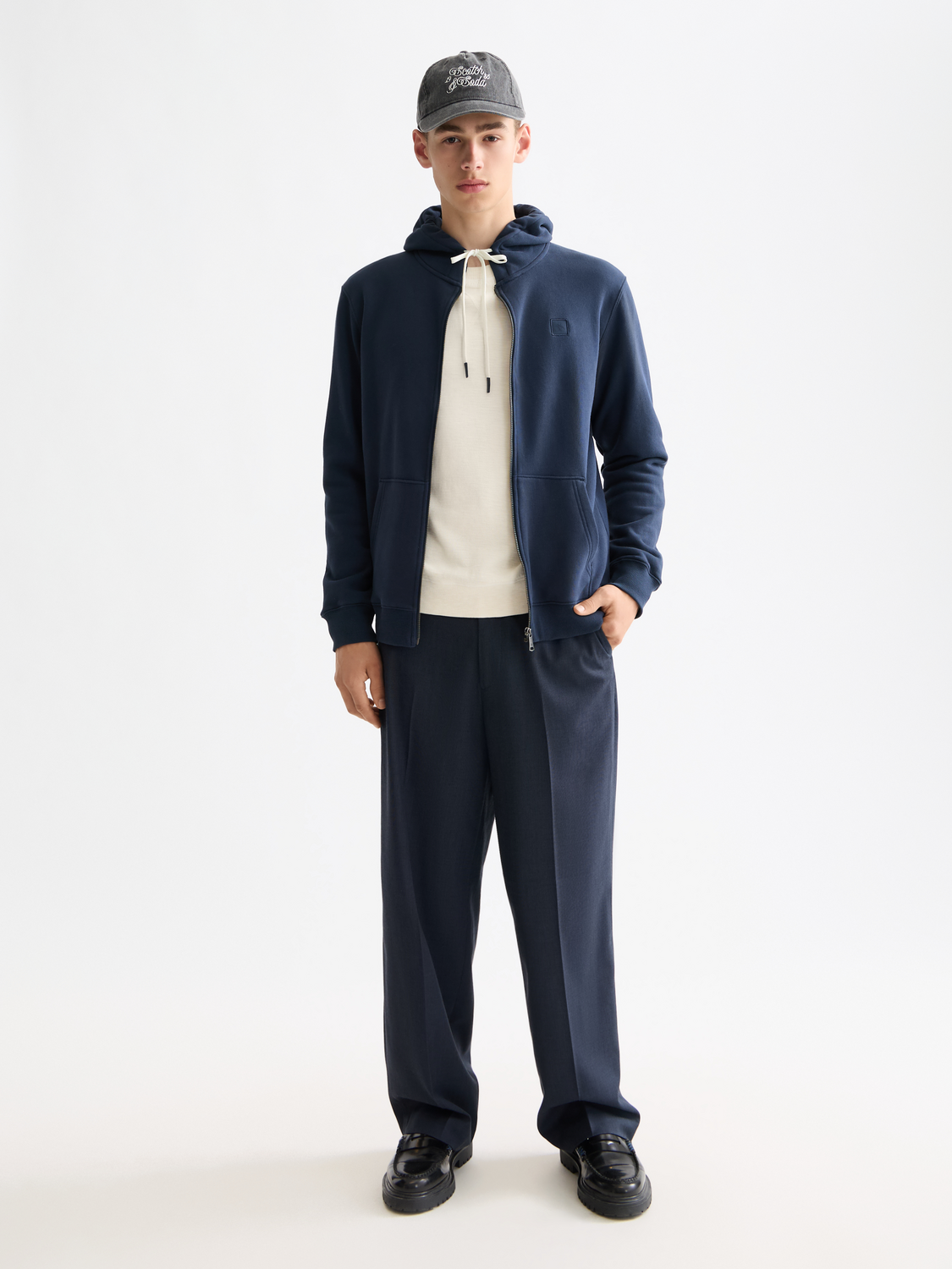 SCOTCH & SODA zip-through logo hoodie with front zipper, soft sweats fabric, and stylish branding on the chest.