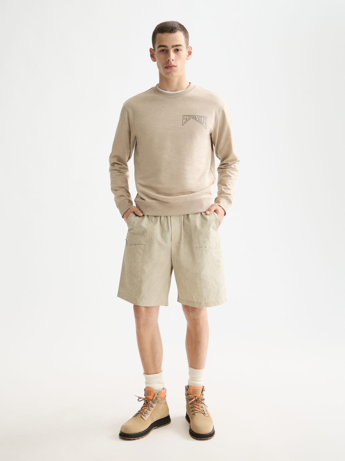Scotch & Soda chest logo sweatshirt, casual grey sweats with front logo detail, soft cotton fabric, comfortable fit.