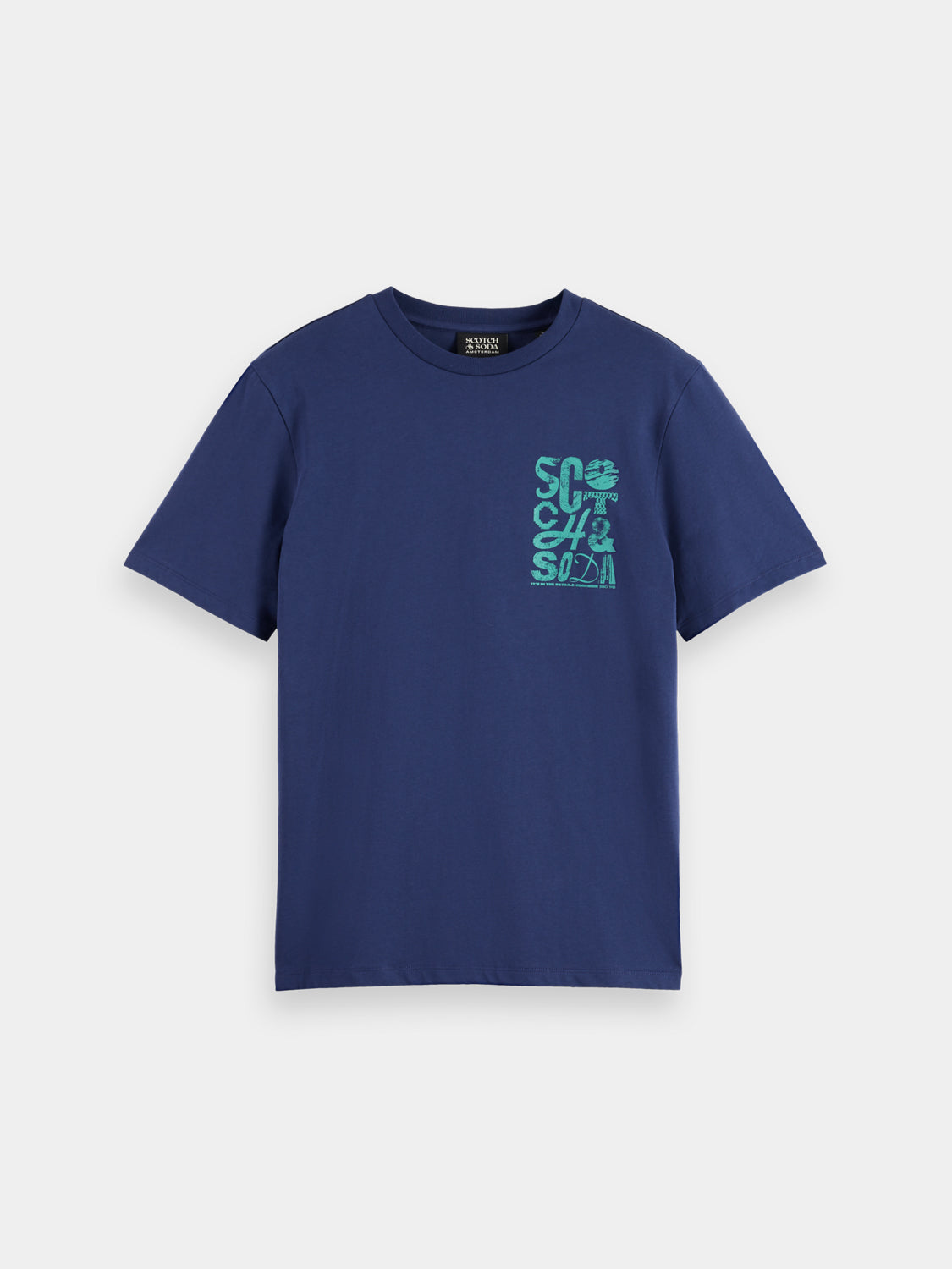 Scarlet short-sleeve Scotch & Soda chest logo T-shirt with front graphic, casual fit, and soft fabric for everyday wear.