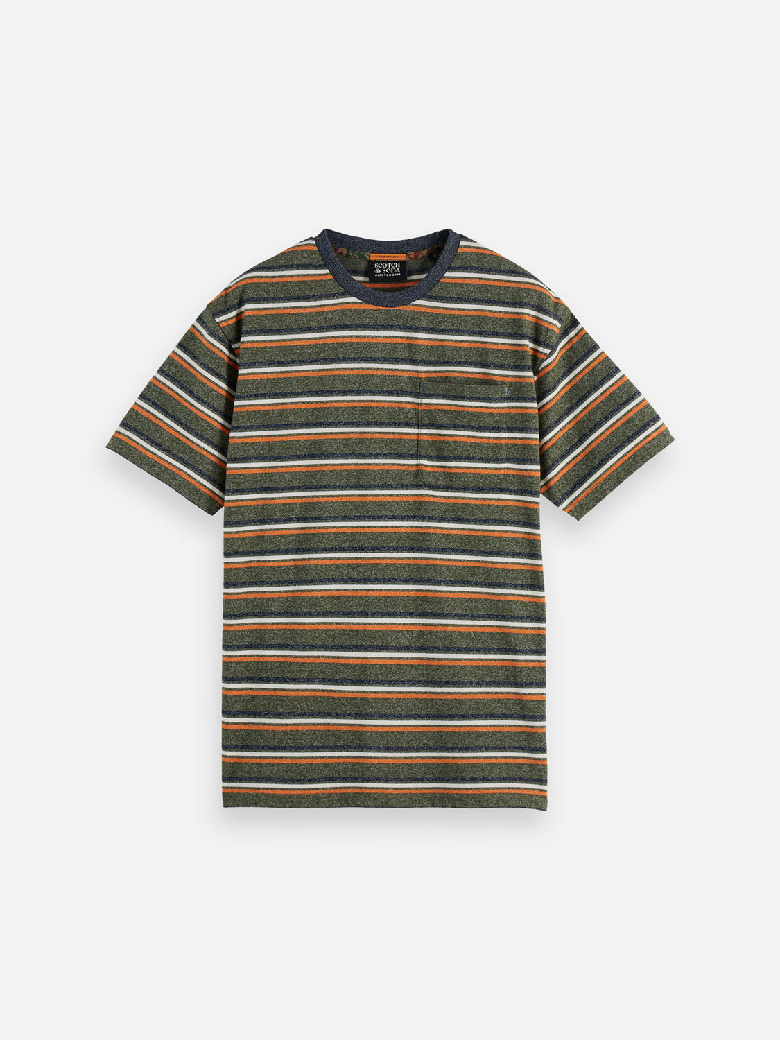 Striped yarn-dyed Scotch & Soda short-sleeve t-shirt with a classic crew neck and vibrant horizontal stripes.