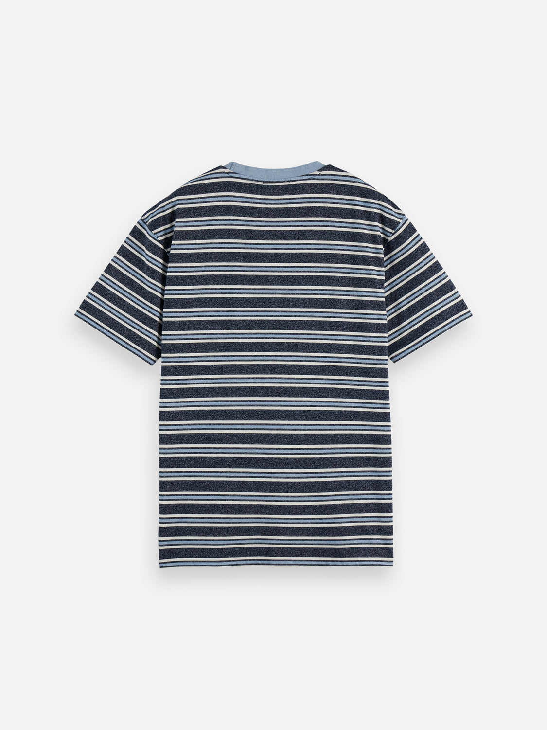 Yarn-dyed striped SCOTCH & SODA short-sleeve t-shirt with blue, white, and red stripes, casual fit, displayed on a hanger.