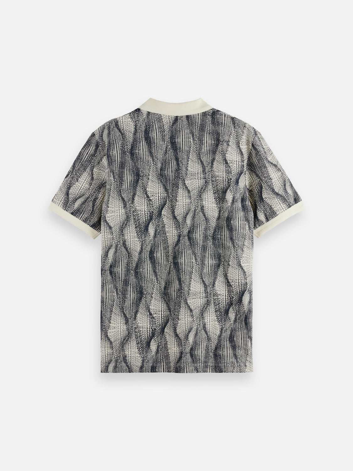 Printed Scotch & Soda polo shirt with colorful pattern, classic collar, and short sleeves on a plain background.