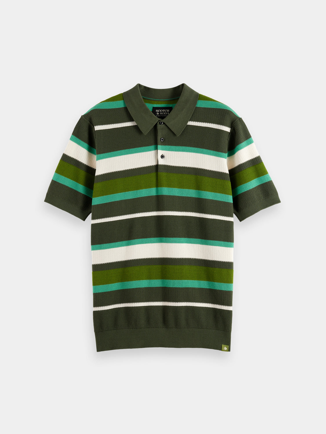 Knitted striped polo shirt by Scotch & Soda, featuring a classic collar, colorful stripes, and a relaxed fit.