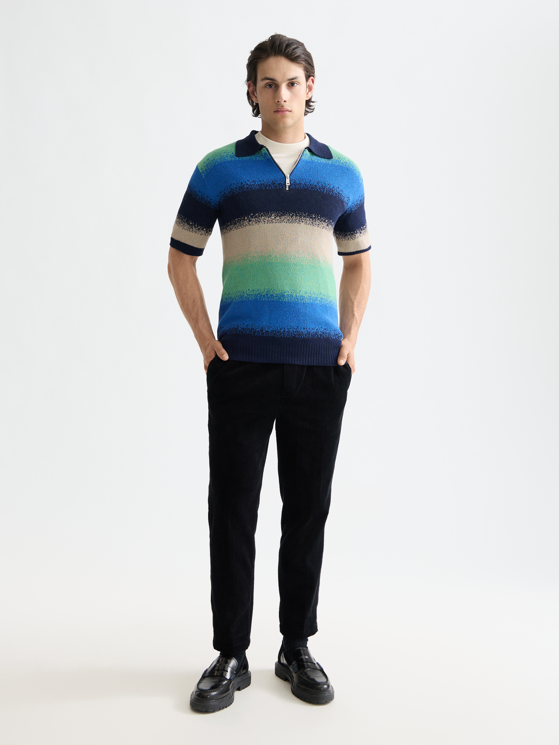 Knitted gradient polo shirt by Scotch & Soda featuring a colorful gradient pattern and classic polo collar.