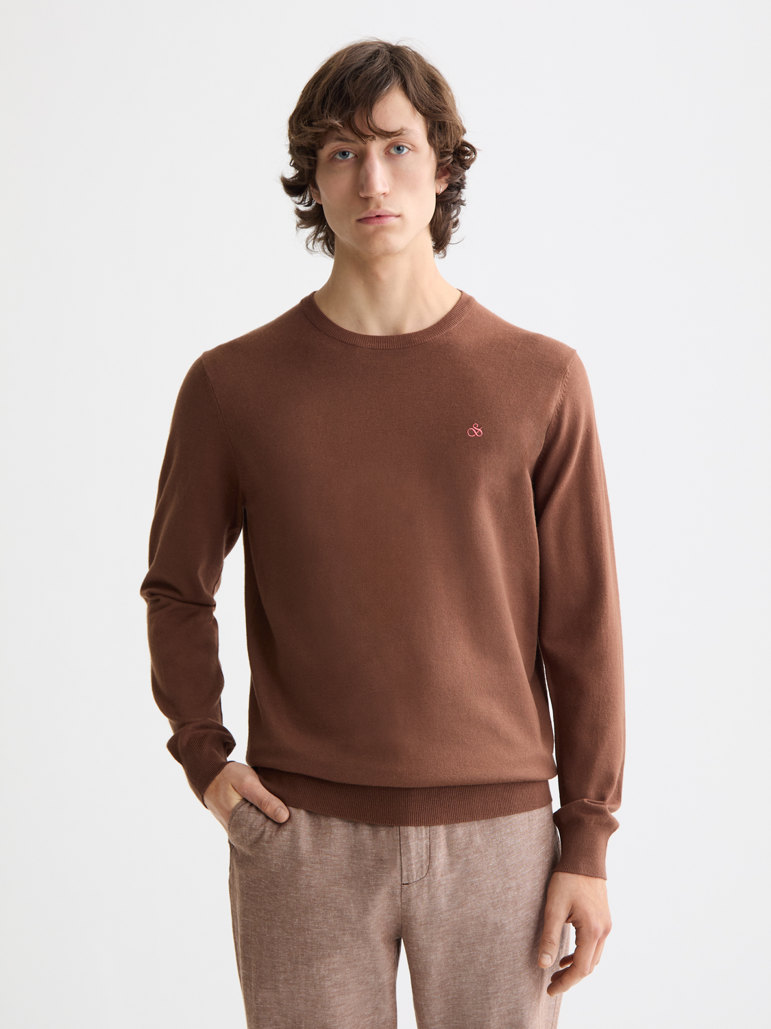 SCOTCH & SODA Ecovero-blend knit pullover, close-up of soft, textured fabric in a stylish design, front view.