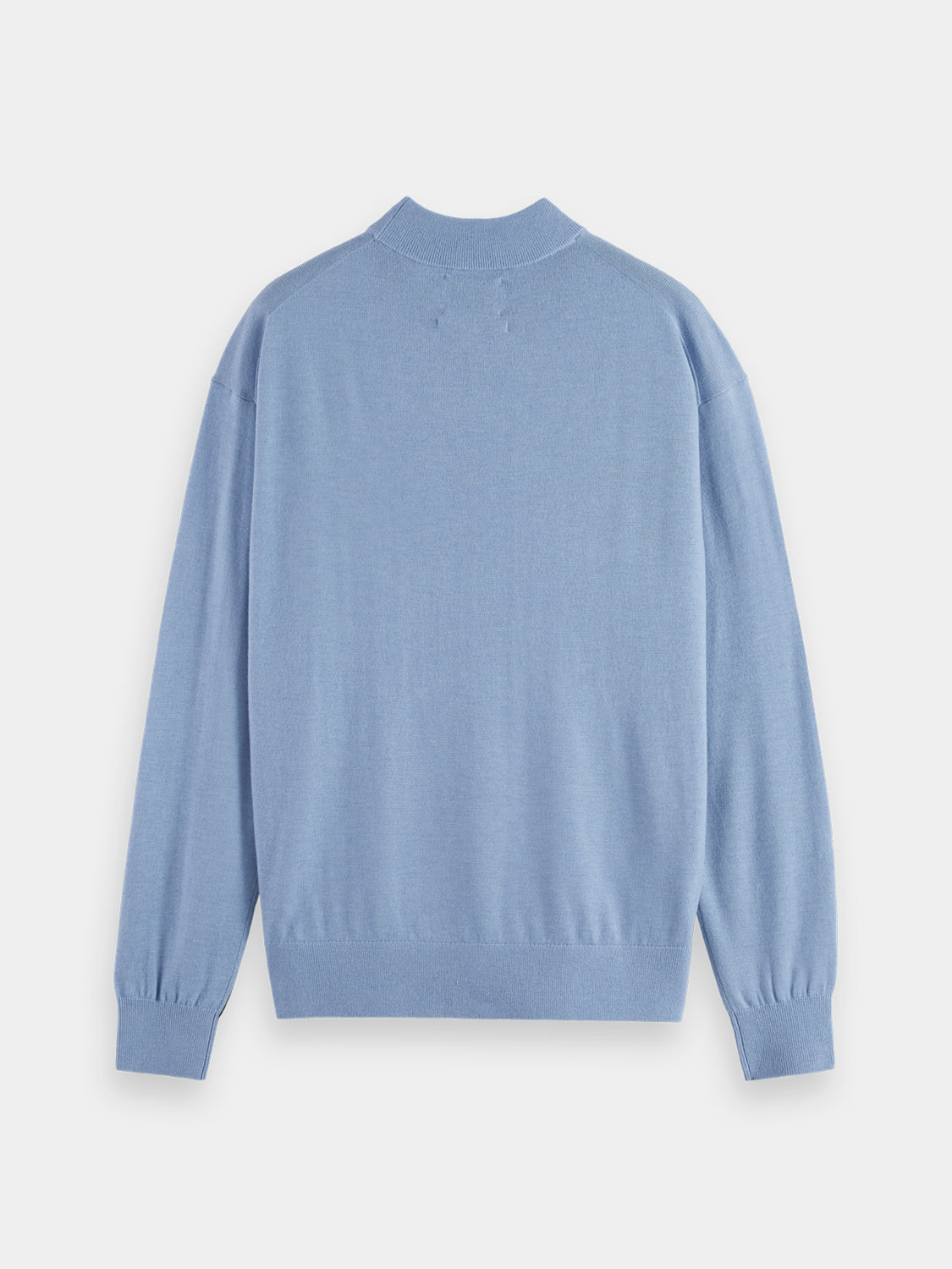 Black Scotch & Soda mock neck pullover knitwear, close-up showing soft fabric and ribbed collar on model.