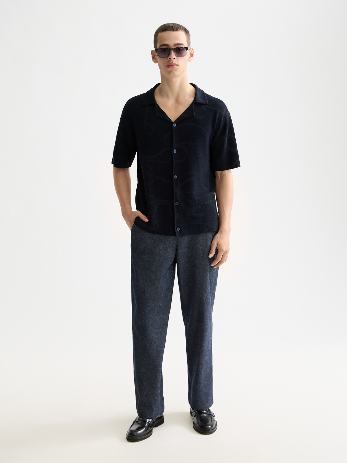 Jacquard short-sleeved knitwear shirt by Scotch & Soda featuring a detailed woven pattern and classic fit.